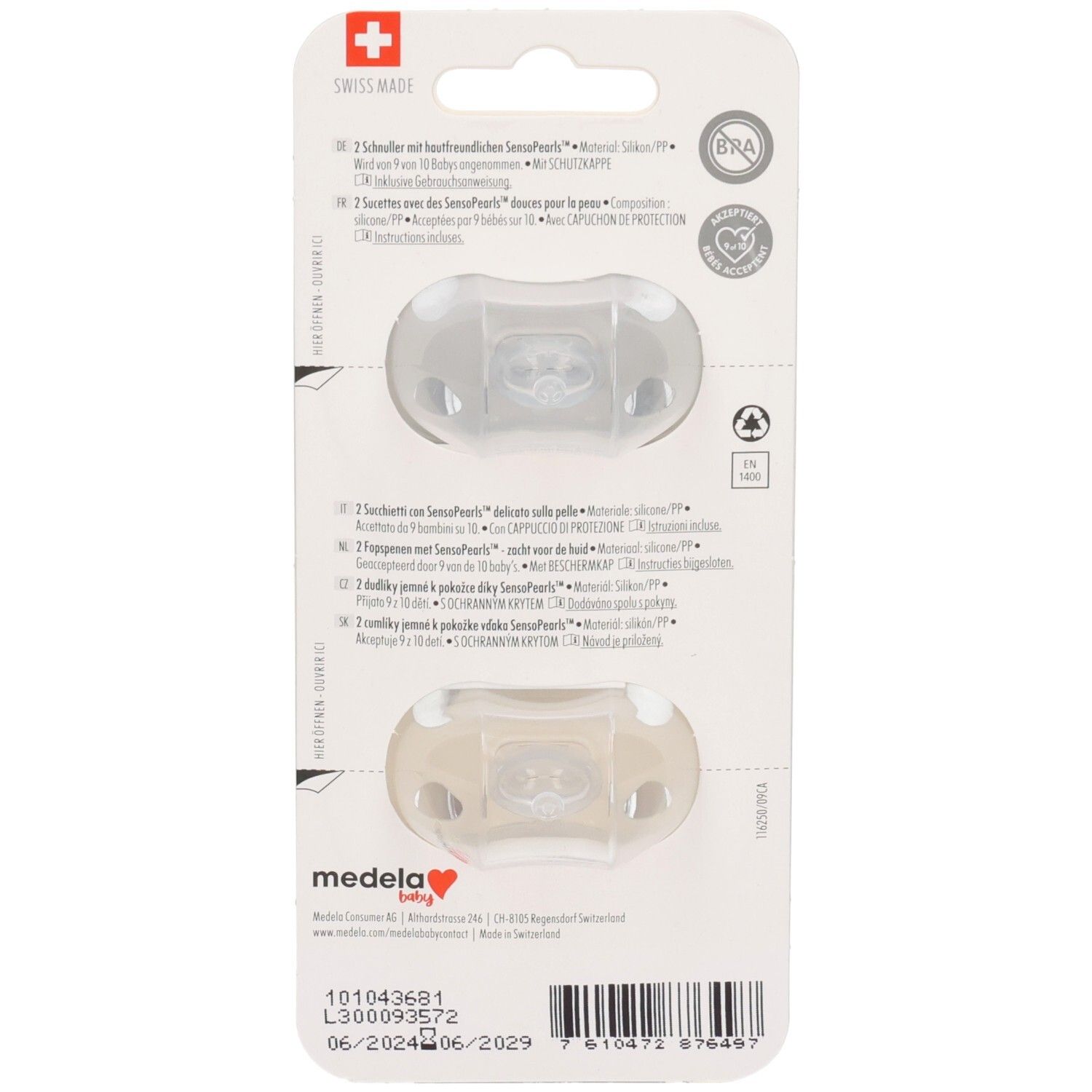 Rückseite der Verpackung mit zwei Schnullern. Informationen in mehreren Sprachen. Logo und Zertifizierungen.