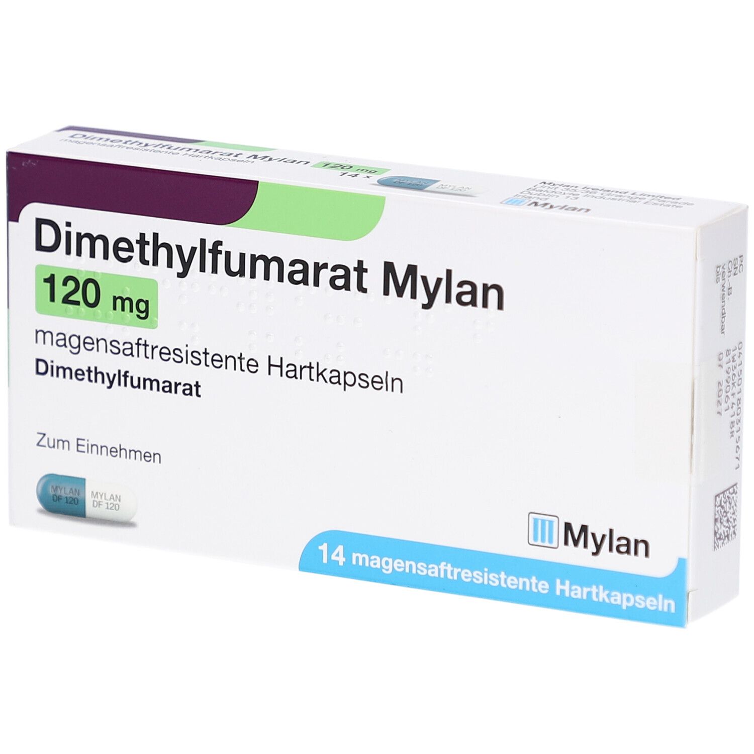 Schachtel mit DIMETHYLFUMARAT Mylan 120 mg Hartkapseln. Aufschrift: 14 magensaftresistente Hartkapseln. Mylan Logo.