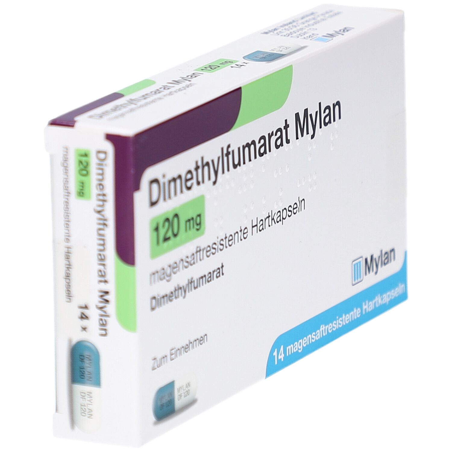 Schachtel mit DIMETHYLFUMARAT Mylan 120 mg Hartkapseln. Aufschrift: 14 magensaftresistente Hartkapseln. Mylan Logo.