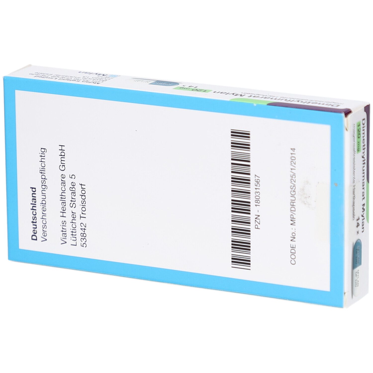 Rückseite der Schachtel mit Informationen. Barcode und Anschrift von Viatris Healthcare GmbH. PZN-Nummer und Code.