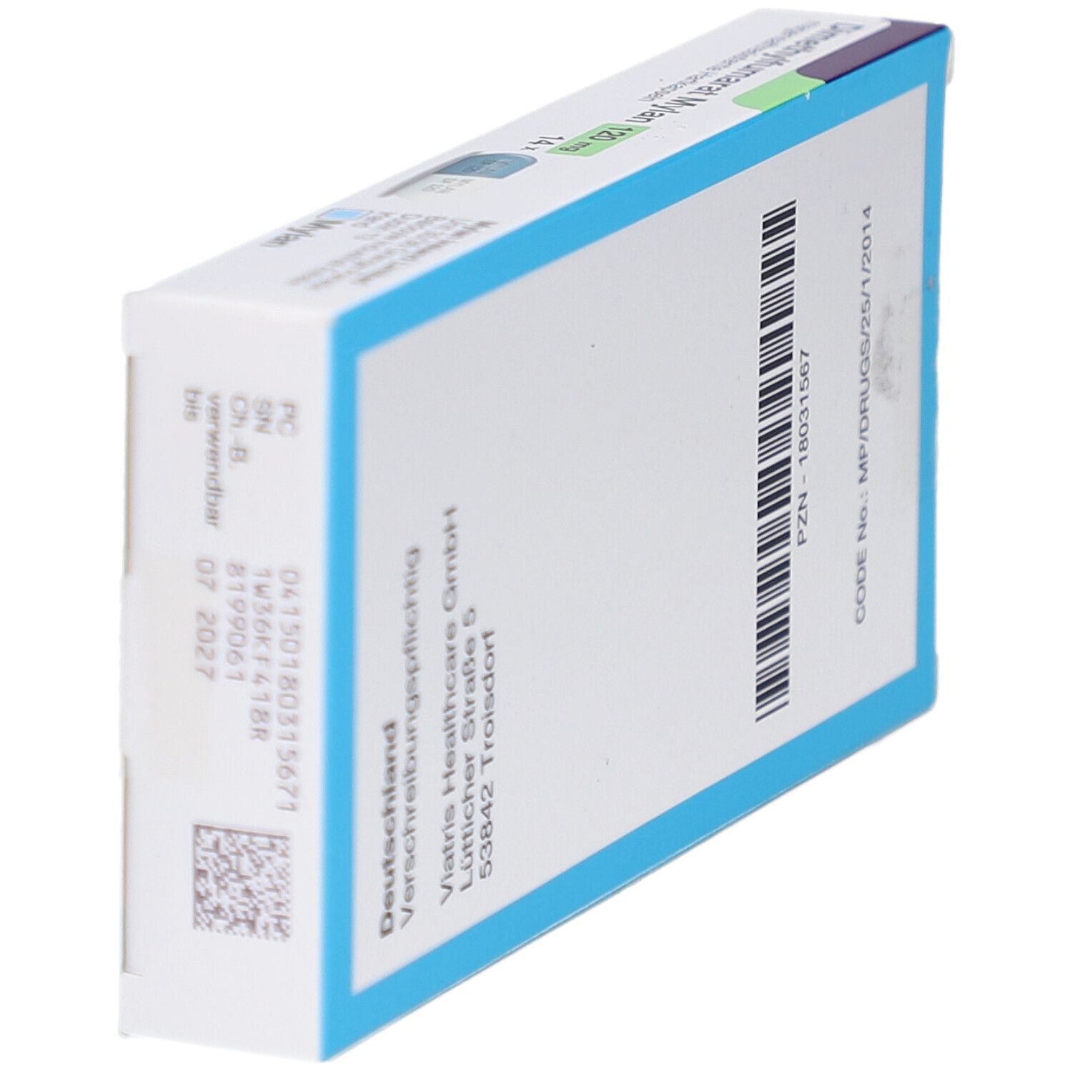 Seitenansicht der Schachtel mit Informationen. Barcode und Anschrift von Viatris Healthcare GmbH. Verfallsdatum.