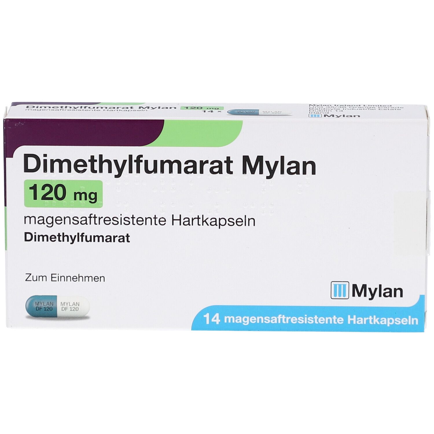 Schachtel mit DIMETHYLFUMARAT Mylan 120 mg Hartkapseln. Aufschrift: 14 magensaftresistente Hartkapseln. Mylan Logo.
