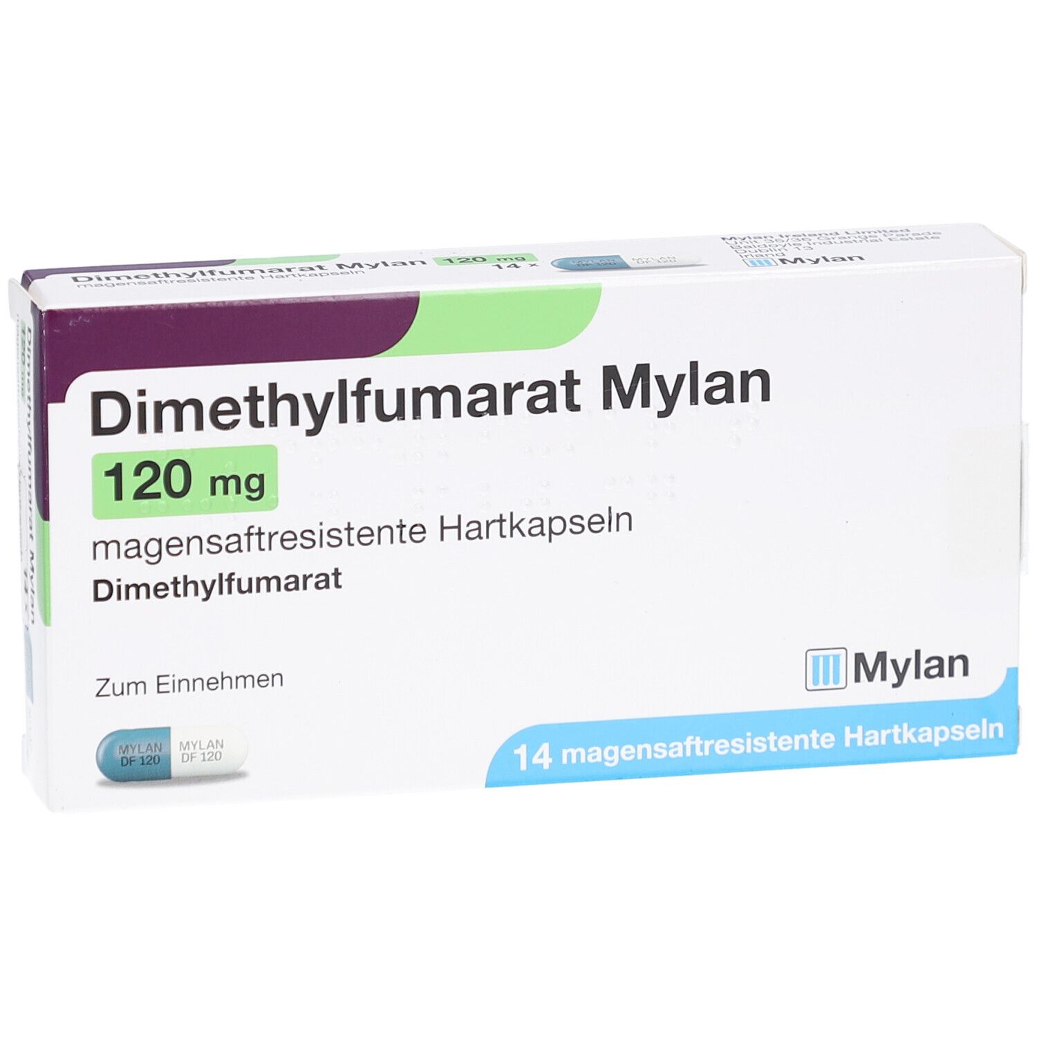 Schachtel mit DIMETHYLFUMARAT Mylan 120 mg Hartkapseln. Aufschrift: 14 magensaftresistente Hartkapseln. Mylan Logo.