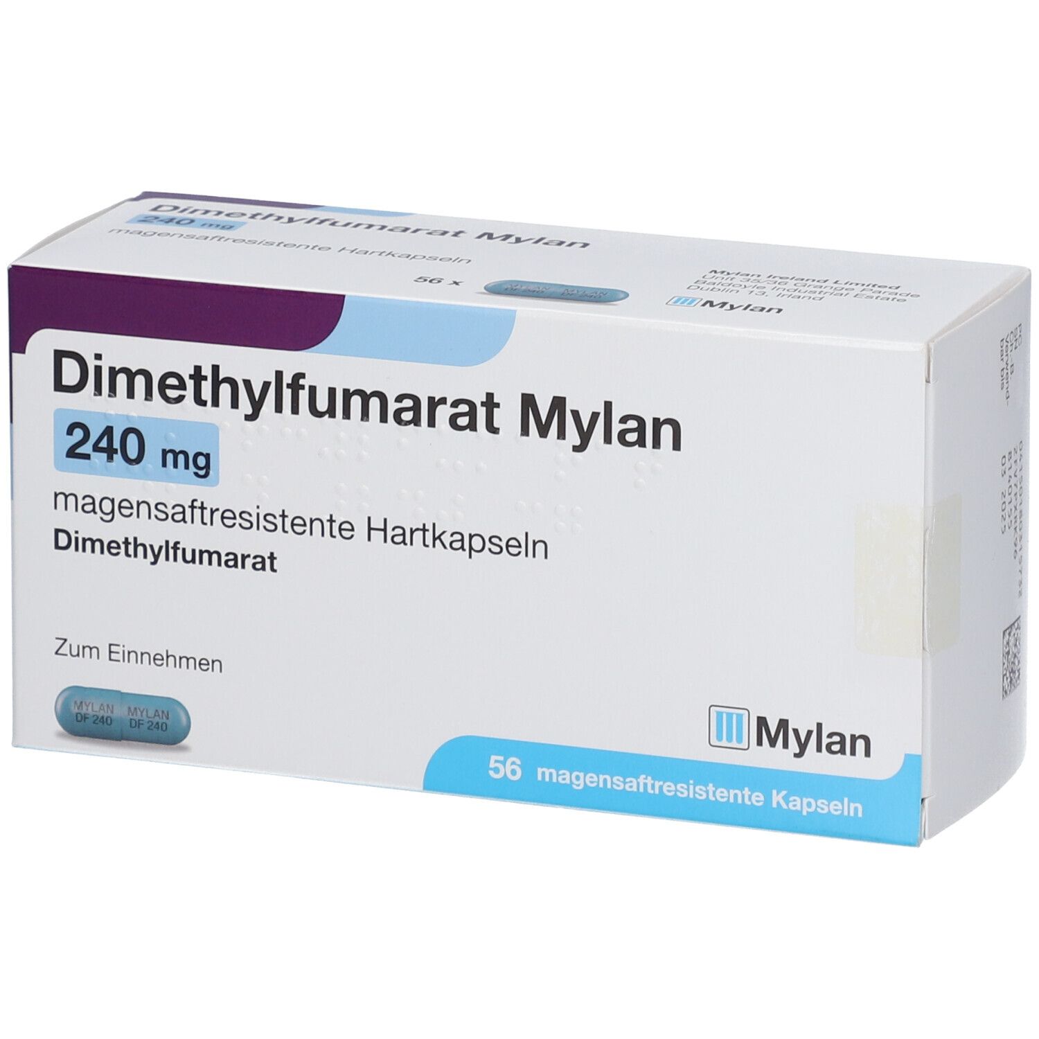 Schachtel mit Dimethylfumarat Mylan 240 mg magensaftresistente Hartkapseln. Blaue Kapsel abgebildet. 56 Kapseln.