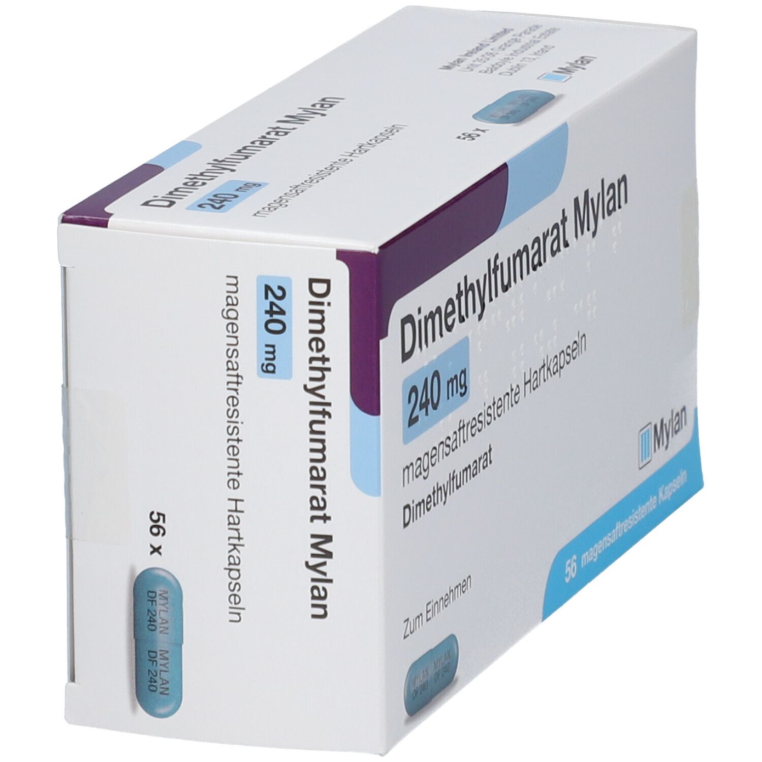 Schachtel Dimethylfumarat Mylan 240 mg magensaftresistente Hartkapseln. Blaue Kapsel und 56 Kapseln sichtbar. Perspektivische Ansicht.