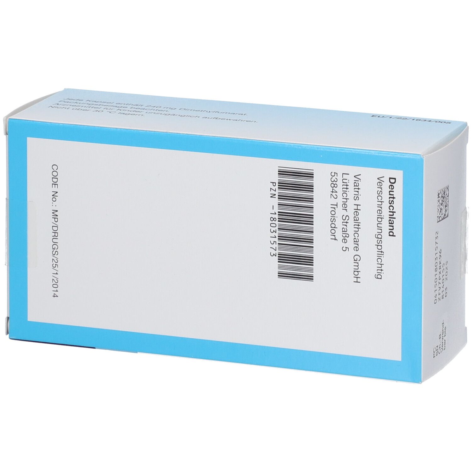 Rückseite der Schachtel Dimethylfumarat Mylan. Informationen zu Hersteller und Chargennummer. Blauer Rahmen.