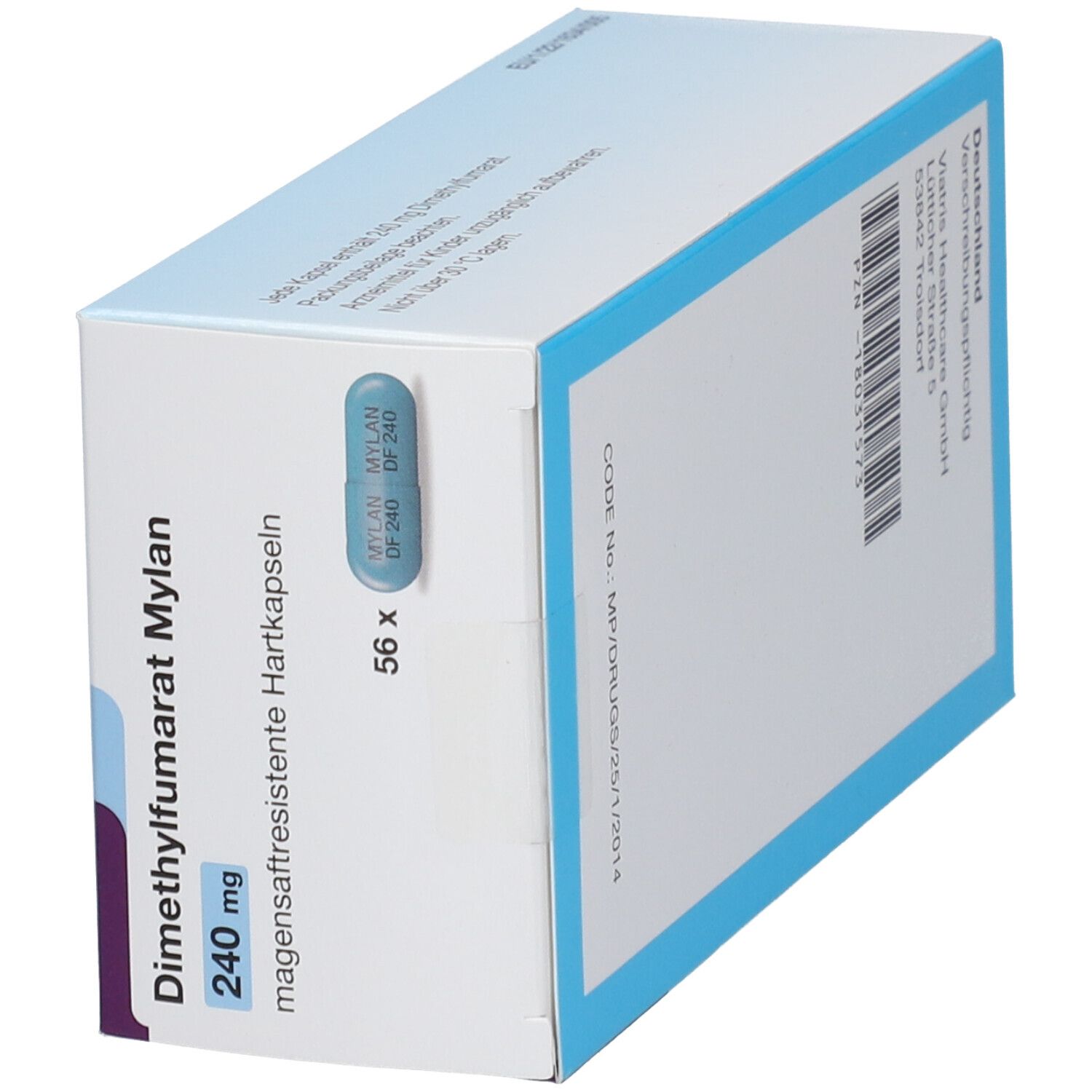 Schachtel Dimethylfumarat Mylan 240 mg magensaftresistente Hartkapseln. Blaue Kapsel und 56 Kapseln sichtbar. Perspektivische Ansicht.