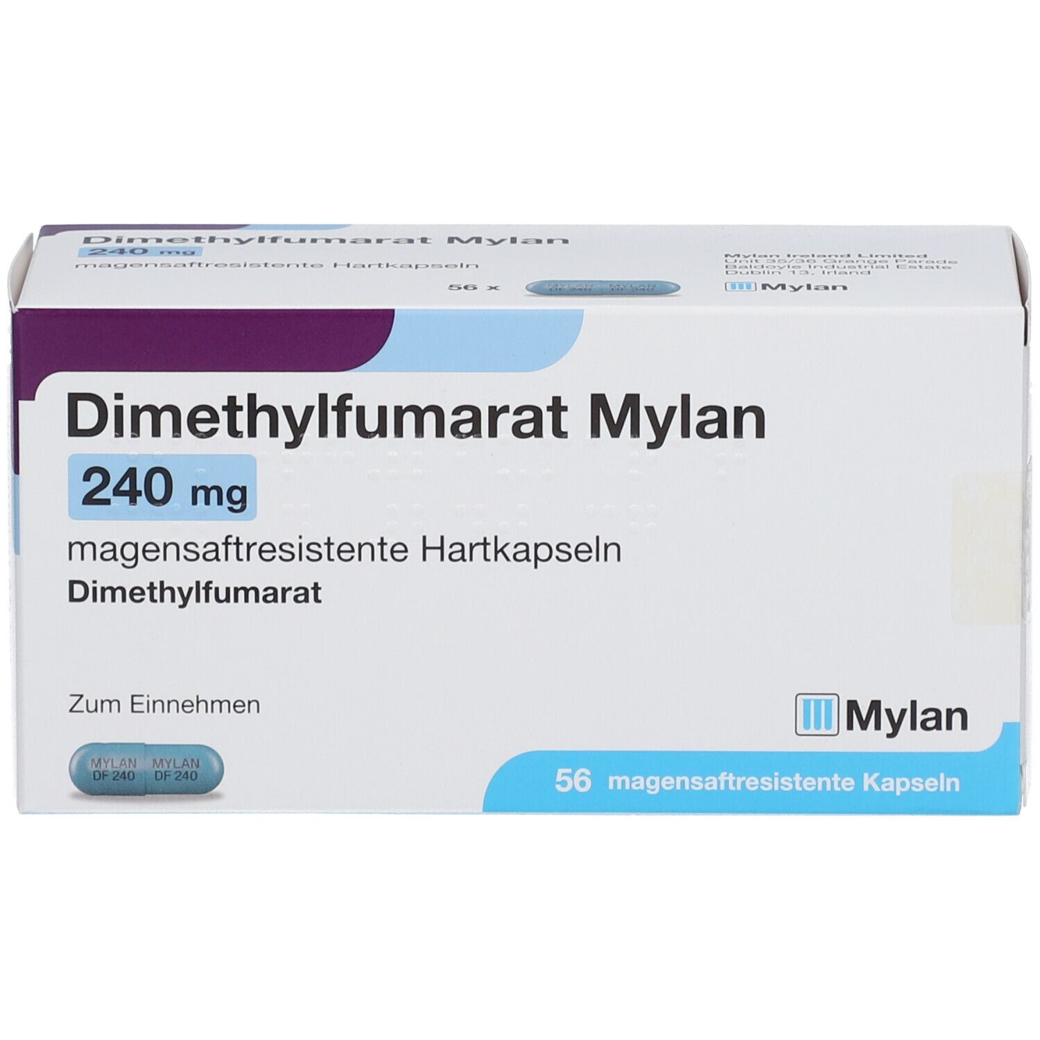 Schachtel mit Dimethylfumarat Mylan 240 mg magensaftresistente Hartkapseln. Blaue Kapsel abgebildet. 56 Kapseln.