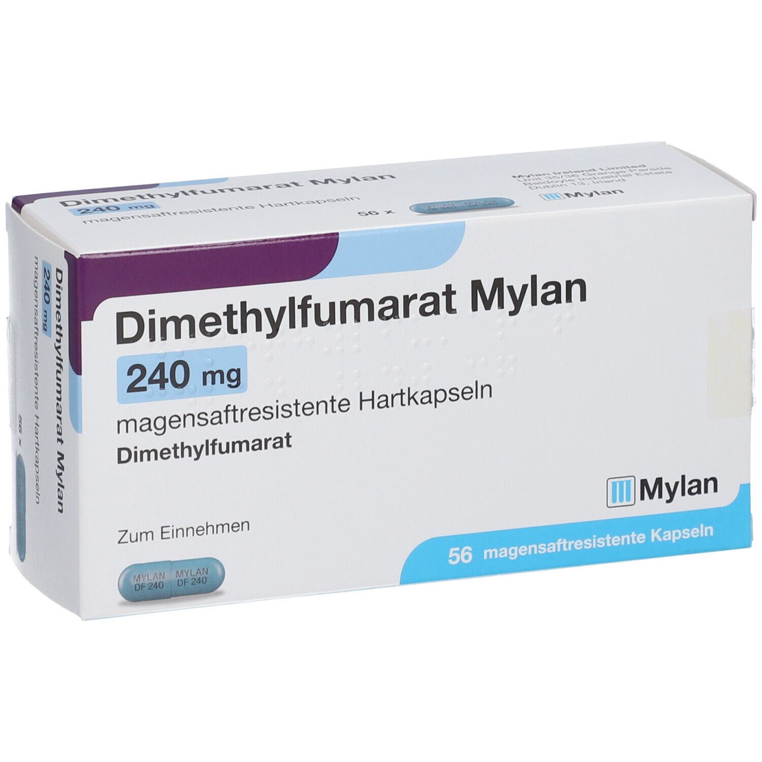 Schachtel mit Dimethylfumarat Mylan 240 mg magensaftresistente Hartkapseln. 56 Kapseln. Perspektivische Ansicht.