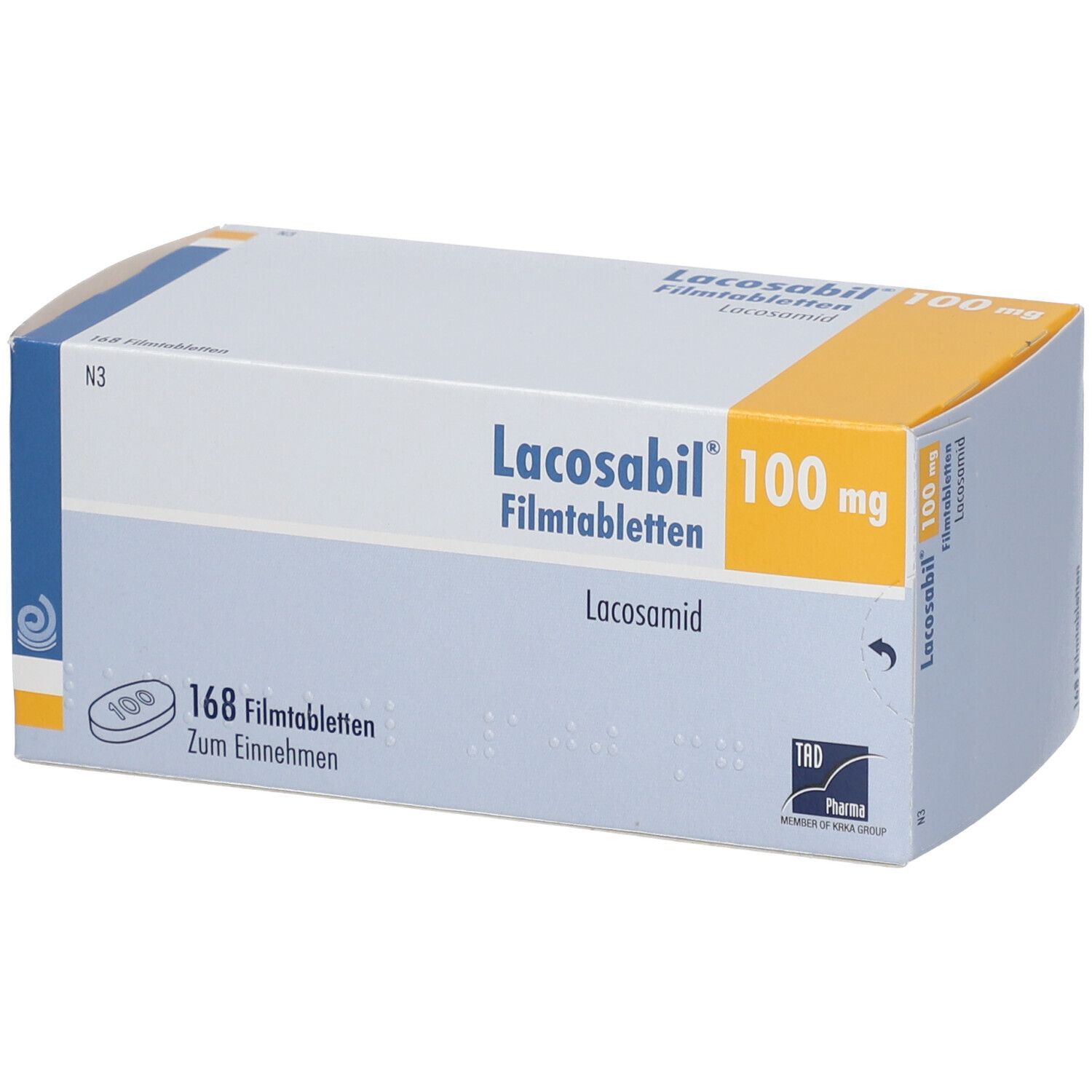 Schachtel mit LACOSABIL 100 mg Filmtabletten. Aufschrift: 168 Filmtabletten. Logo TRB Pharma.