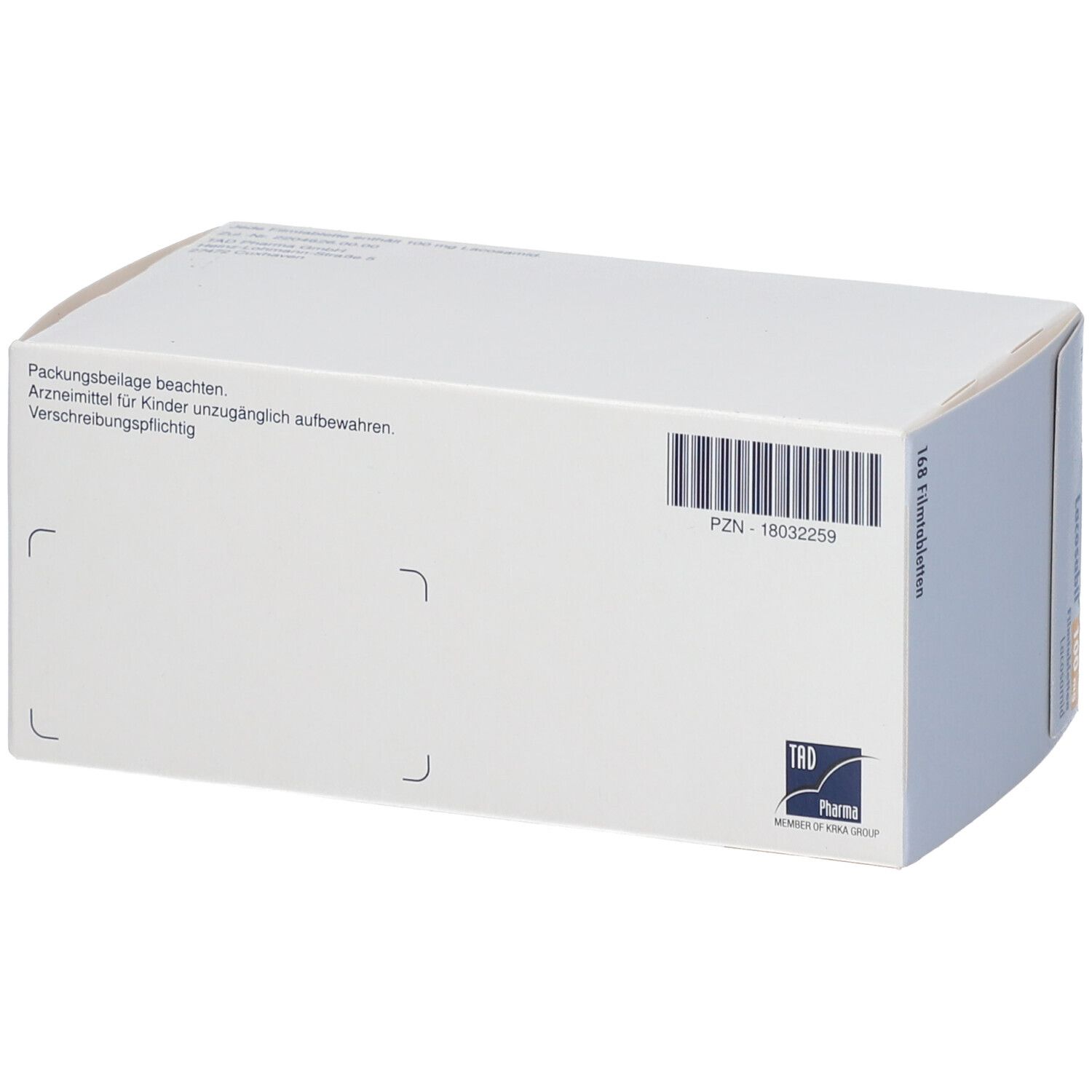 Rückseite der Schachtel LACOSABIL 100 mg Filmtabletten. Aufschrift: PZN-18032259. Logo TRB Pharma.