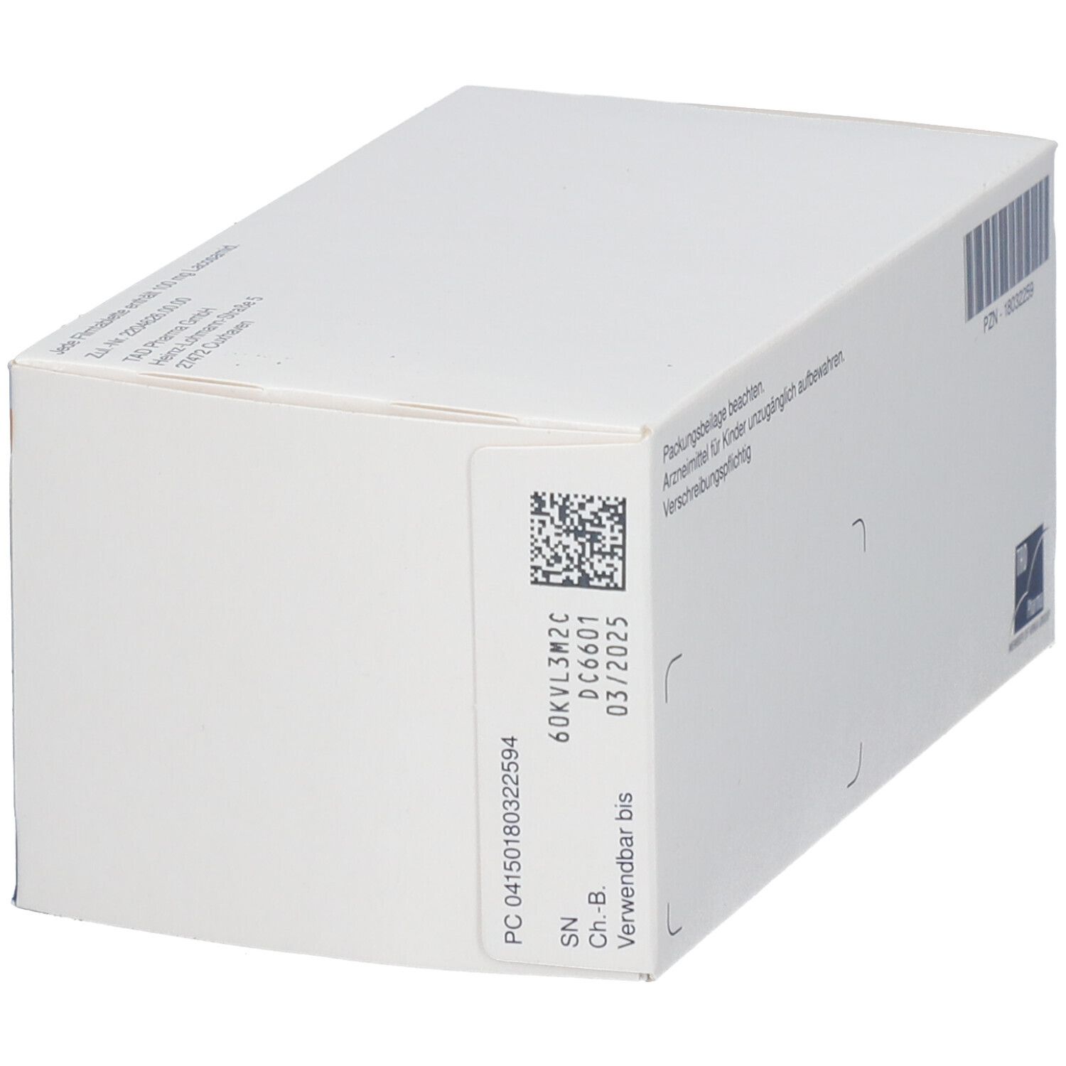 Seite der Schachtel LACOSABIL 100 mg Filmtabletten. Aufschrift: Verfallsdatum und Barcode. Logo TRB Pharma.