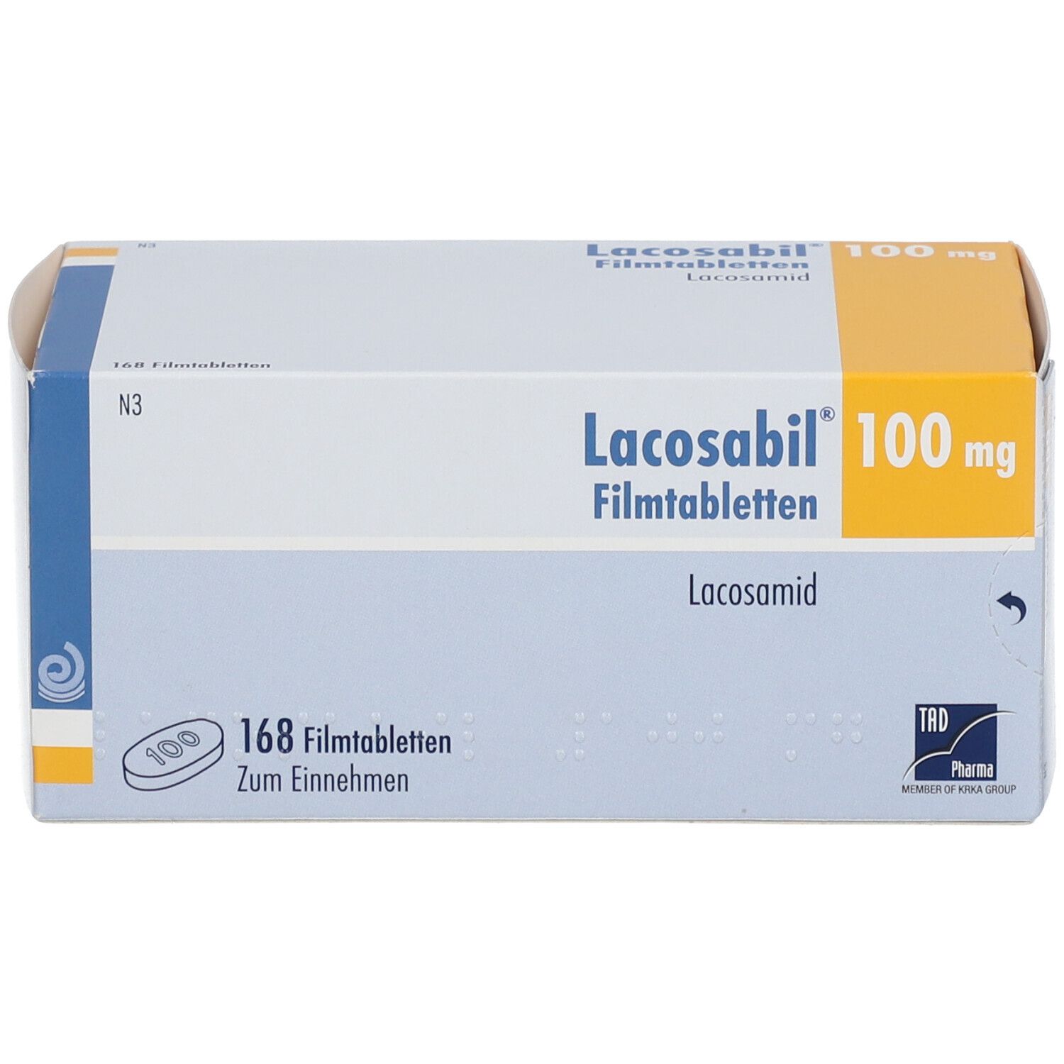 Schachtel LACOSABIL 100 mg Filmtabletten. Aufschrift: 168 Filmtabletten. Logo TRB Pharma.
