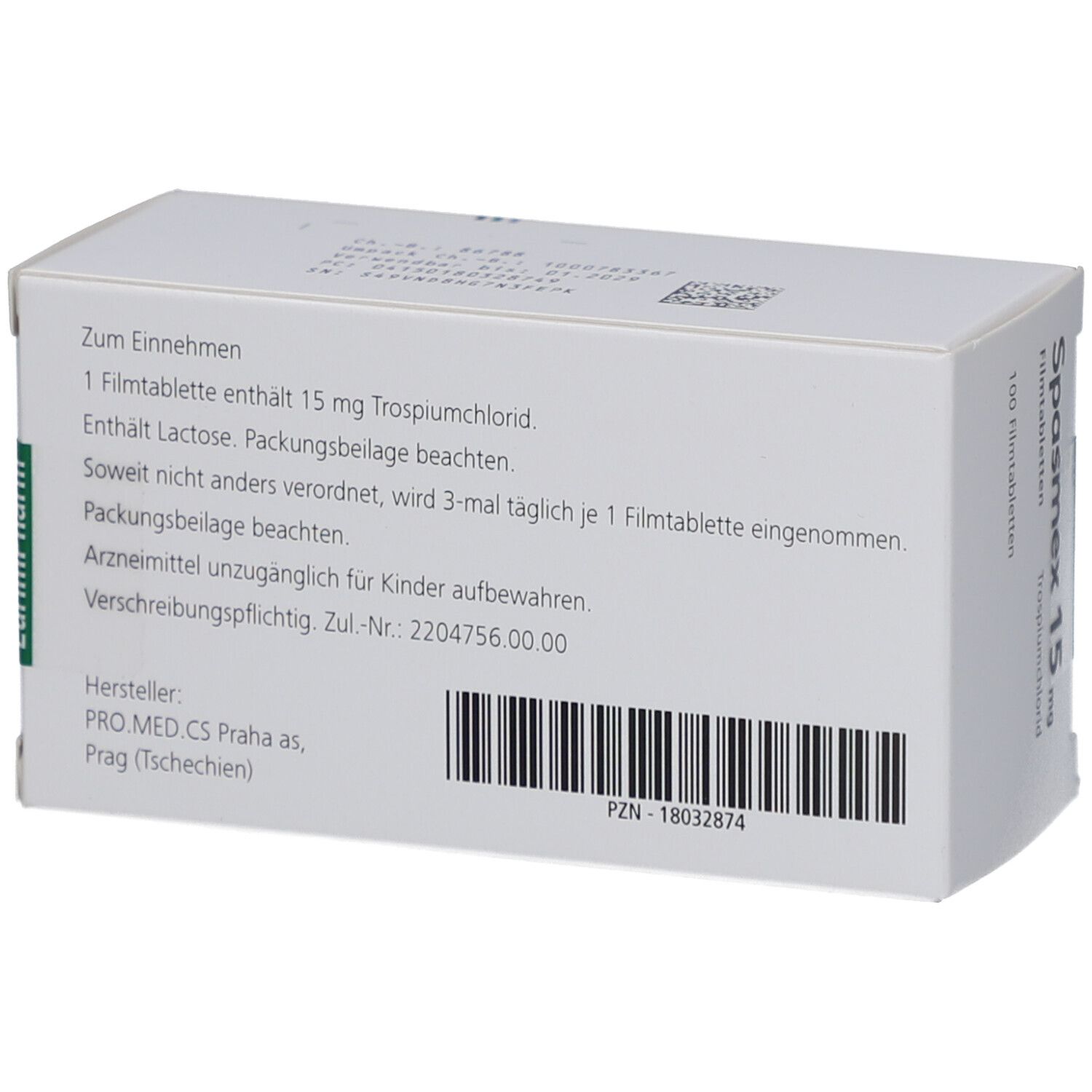 Rückseite der Schachtel SPASMEX 15 mg Filmtabletten. Text: Anwendung, Inhaltsstoffe, Hersteller PRO.MED.CS Praha as, Zul.-Nr.