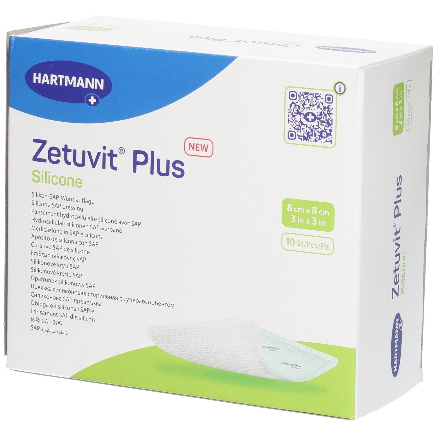 Verpackung Zetuvit Plus Silicone Wundauflage, 8x8 cm, 10 Stück.