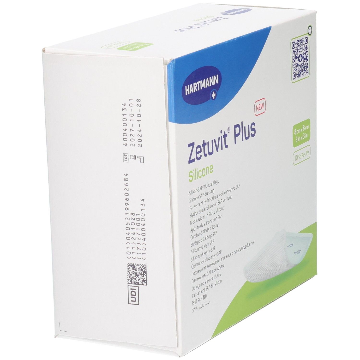 Rückseite Verpackung Zetuvit Plus Silicone, mit Chargennummer und Verfallsdatum.