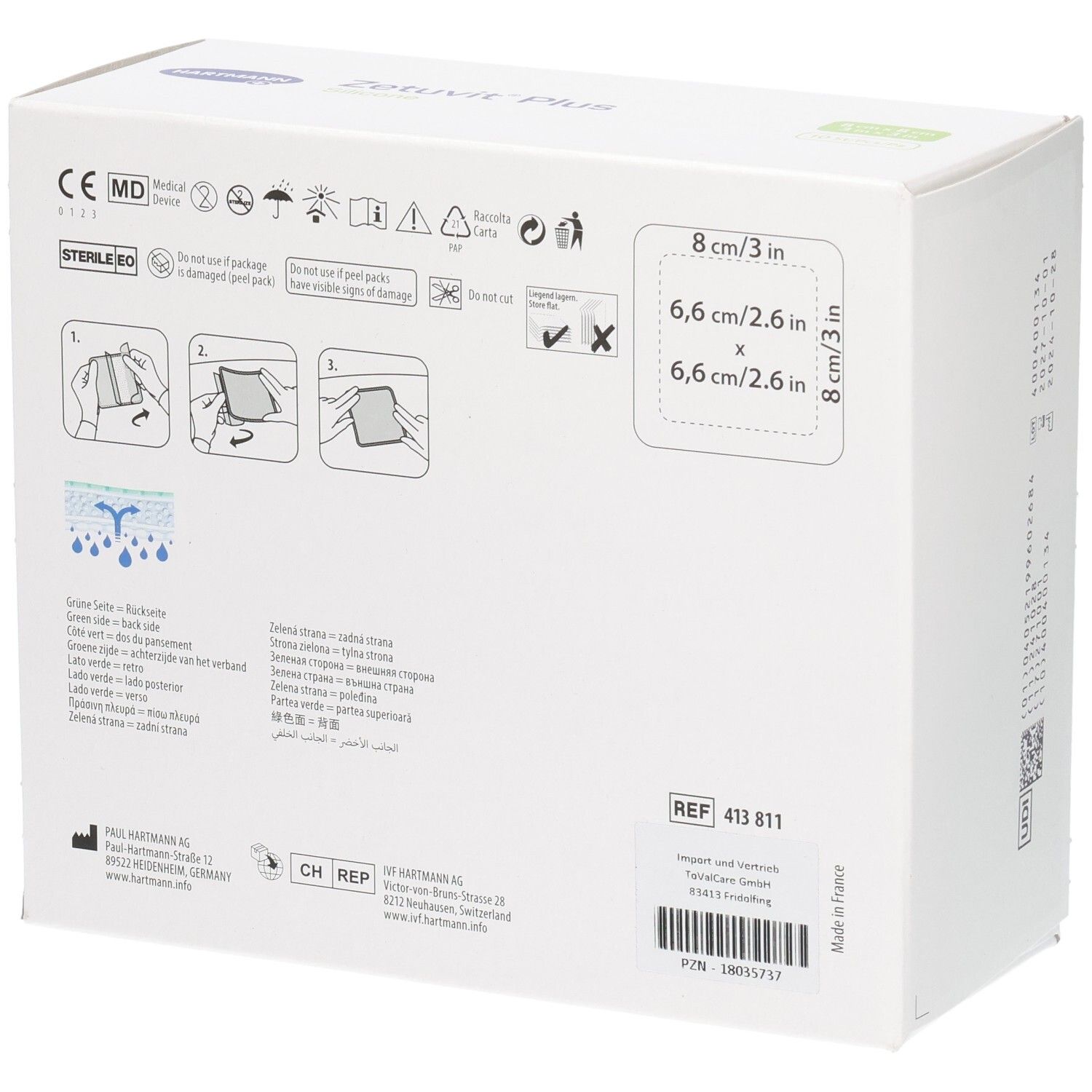 Rückseite Verpackung Zetuvit Plus Silicone, mit Anwendungshinweisen und CE-Kennzeichnung.