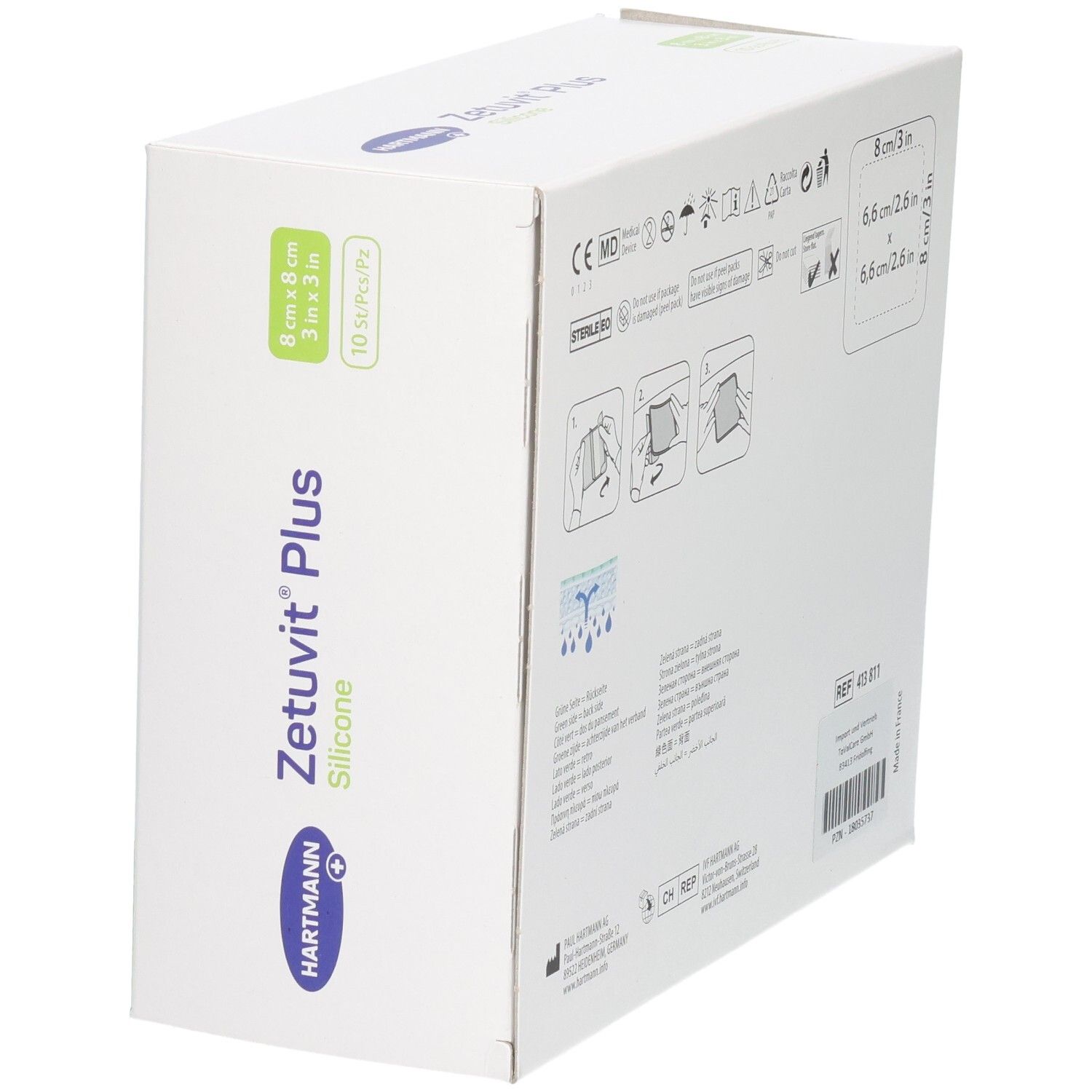 Seitenansicht Verpackung Zetuvit Plus Silicone, 8x8 cm, 10 Stück.