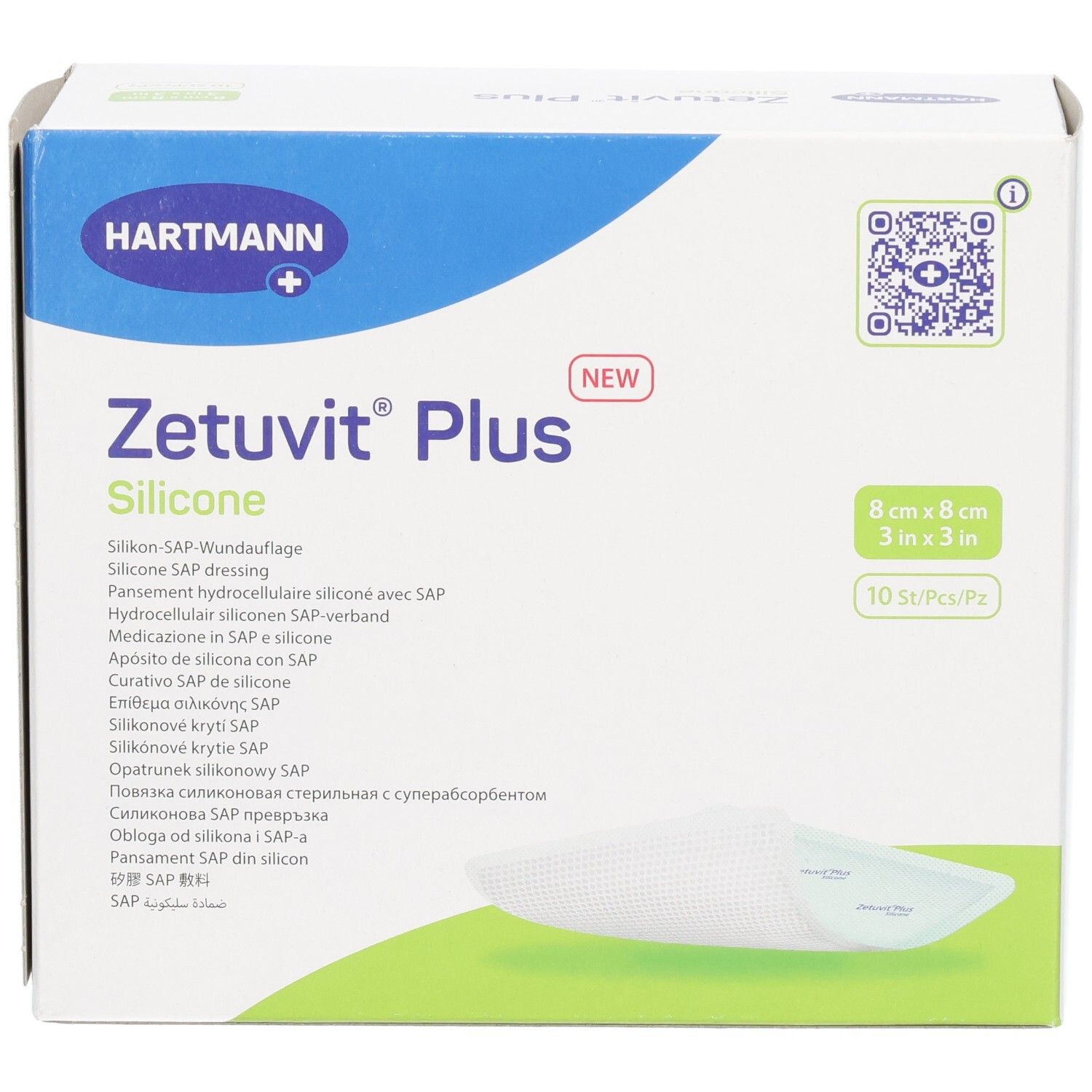 Verpackung Zetuvit Plus Silicone Wundauflage, 8x8 cm, 10 Stück.