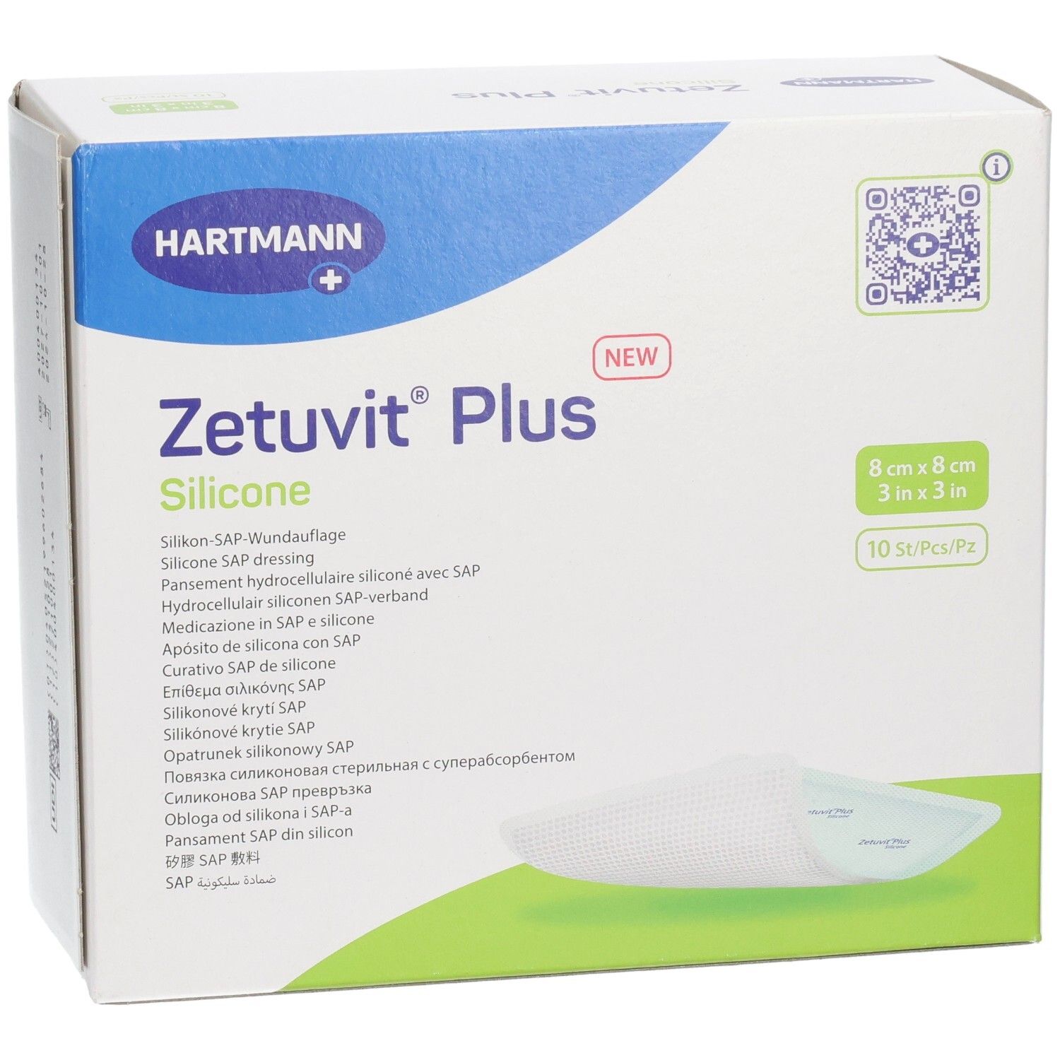 Verpackung Zetuvit Plus Silicone Wundauflage, 8x8 cm, 10 Stück.