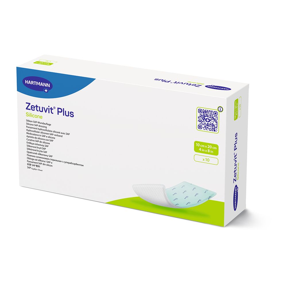 Verpackung von Hartmann Zetuvit Plus Silikon Wundauflagen, 10 x 20 cm.