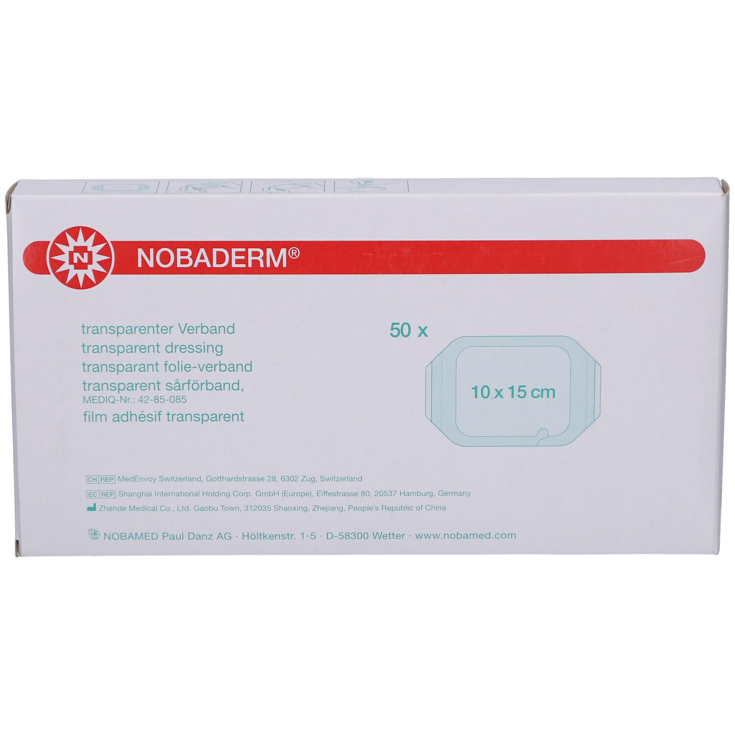 Verpackung NOBADERM® Transparentverband. Weißer Karton mit rotem Streifen. Aufdruck: 10 x 15 cm, 50 Stück.