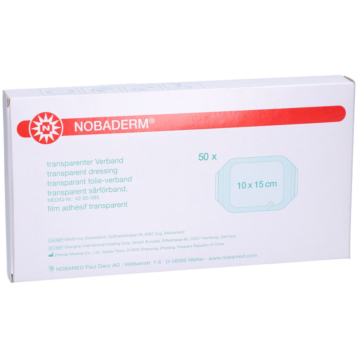 NOBADERM® Transparentverband-Verpackung. Weißer Karton mit rotem Streifen. Aufdruck: 10 x 15 cm, 50 Stück.