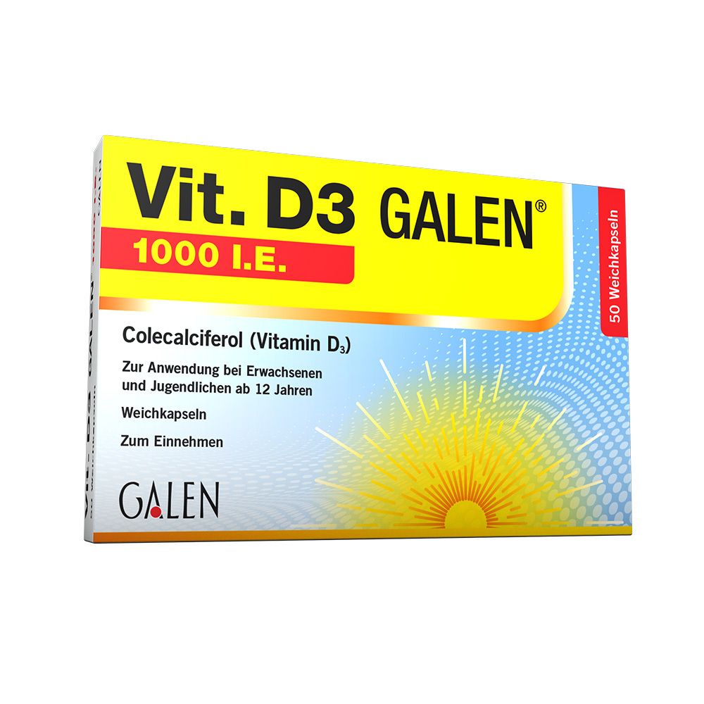Verpackung von Vit. D3 GALEN® 1000 I.E. Weichkapseln. Gelbe Schachtel mit roter Schrift. Enthält 50 Weichkapseln. Aufschrift: Colecalciferol (Vitamin D).