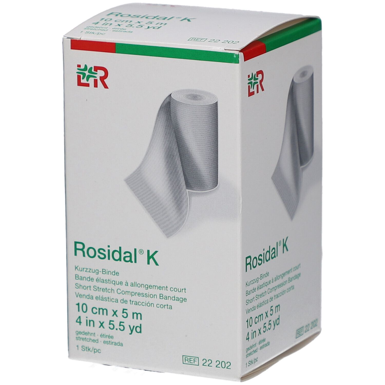Verpackung mit ROSIDAL K Kurzzug-Binde. 10 cm x 5 m. Rolle und Bandage abgebildet. Weiß-grüne Verpackung.