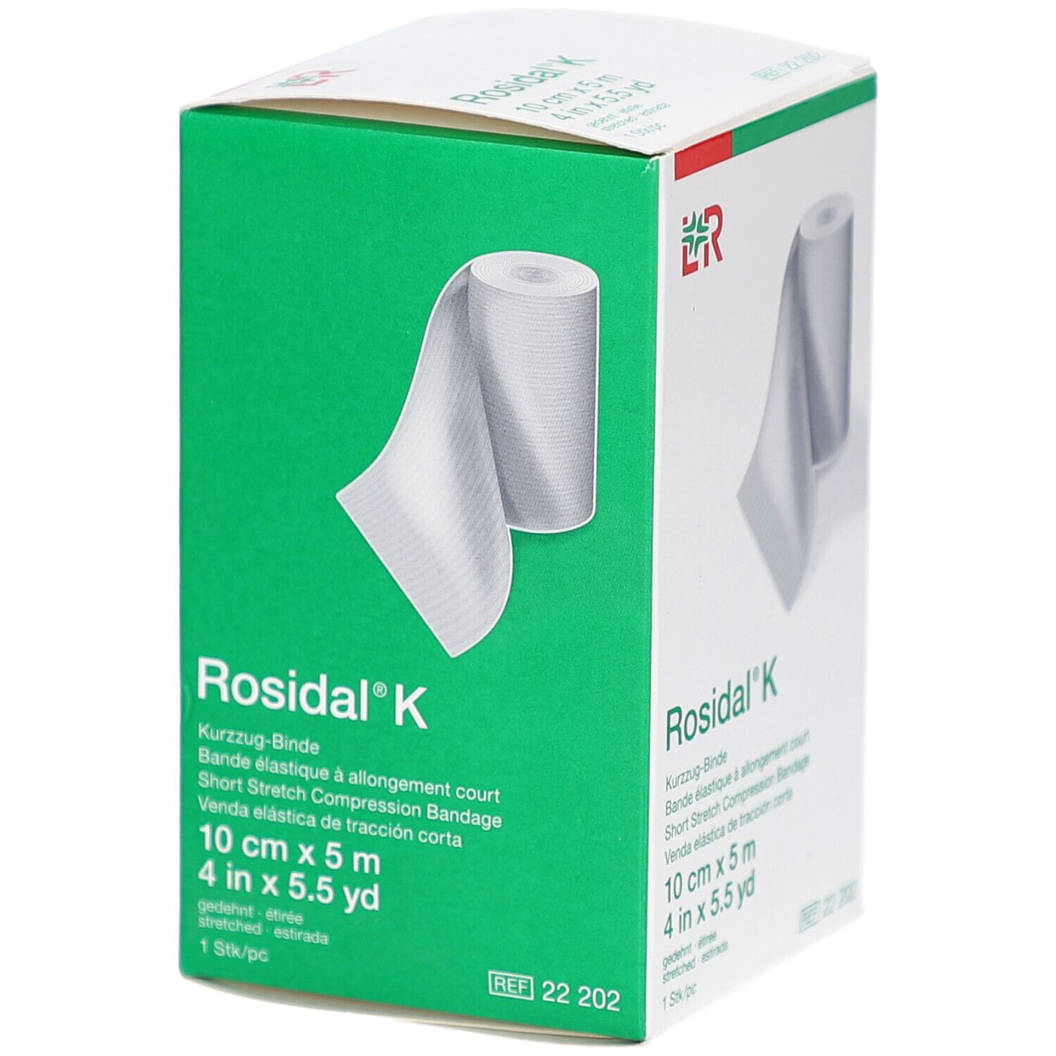 Grüne Verpackung mit ROSIDAL K Kurzzug-Binde. 10 cm x 5 m. Rolle und Bandage abgebildet.