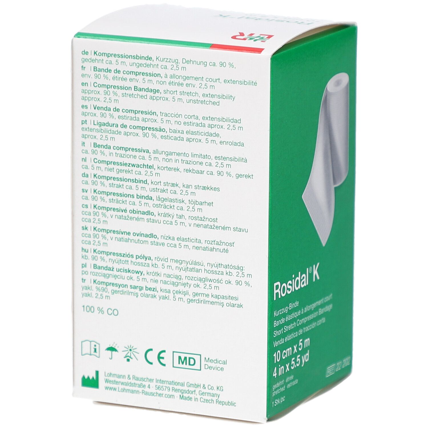 Rückseite der Verpackung mit Text in mehreren Sprachen. ROSIDAL K Kurzzug-Binde. 10 cm x 5 m.
