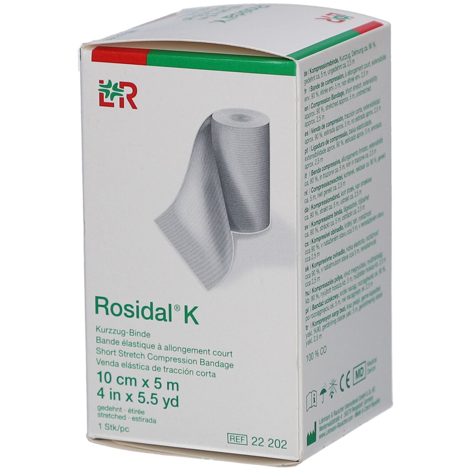 Verpackung mit ROSIDAL K Kurzzug-Binde. 10 cm x 5 m. Rolle und Bandage abgebildet. Weiß-grüne Verpackung.