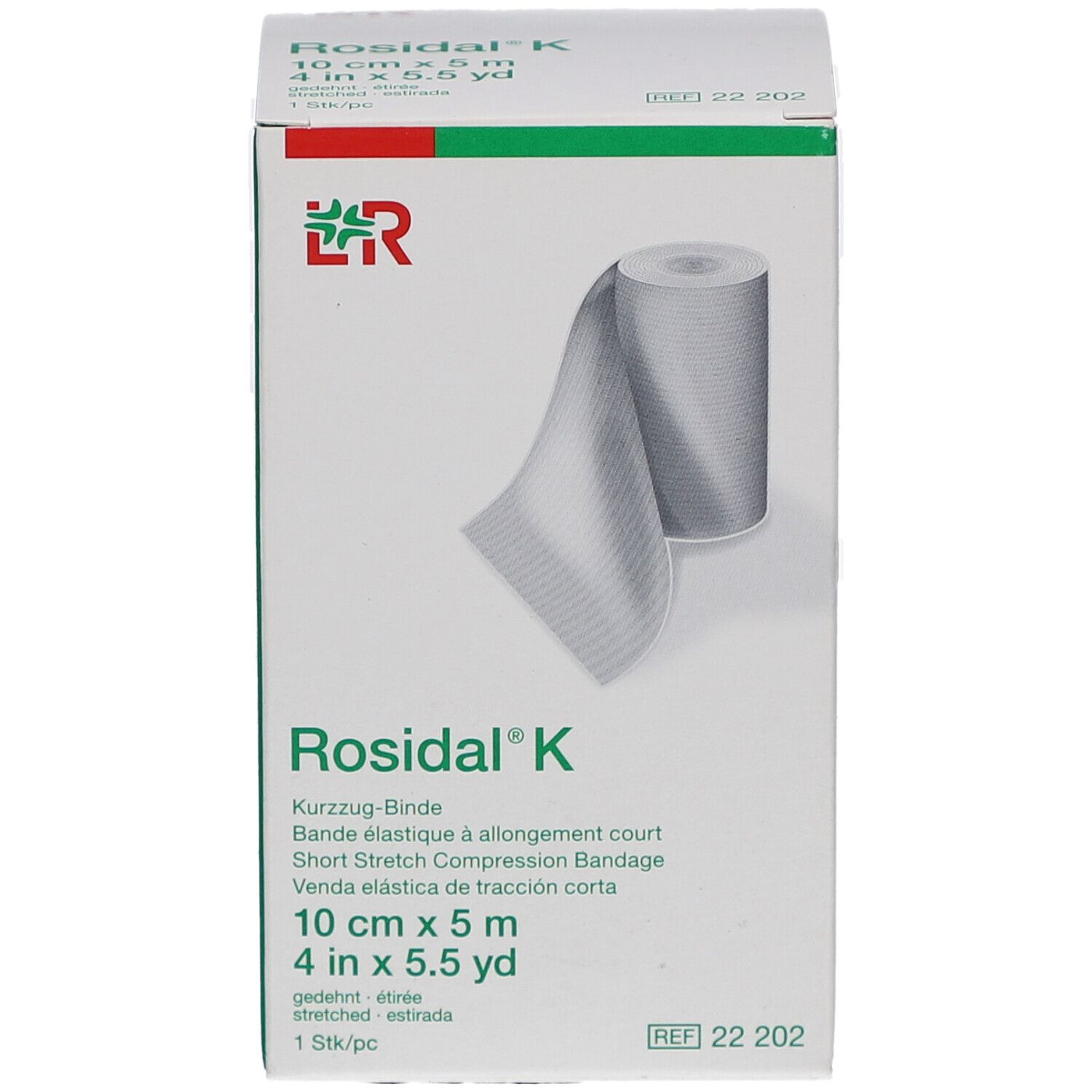 Verpackung mit ROSIDAL K Kurzzug-Binde. 10 cm x 5 m. Rolle und Bandage abgebildet. Weiß-grüne Verpackung.