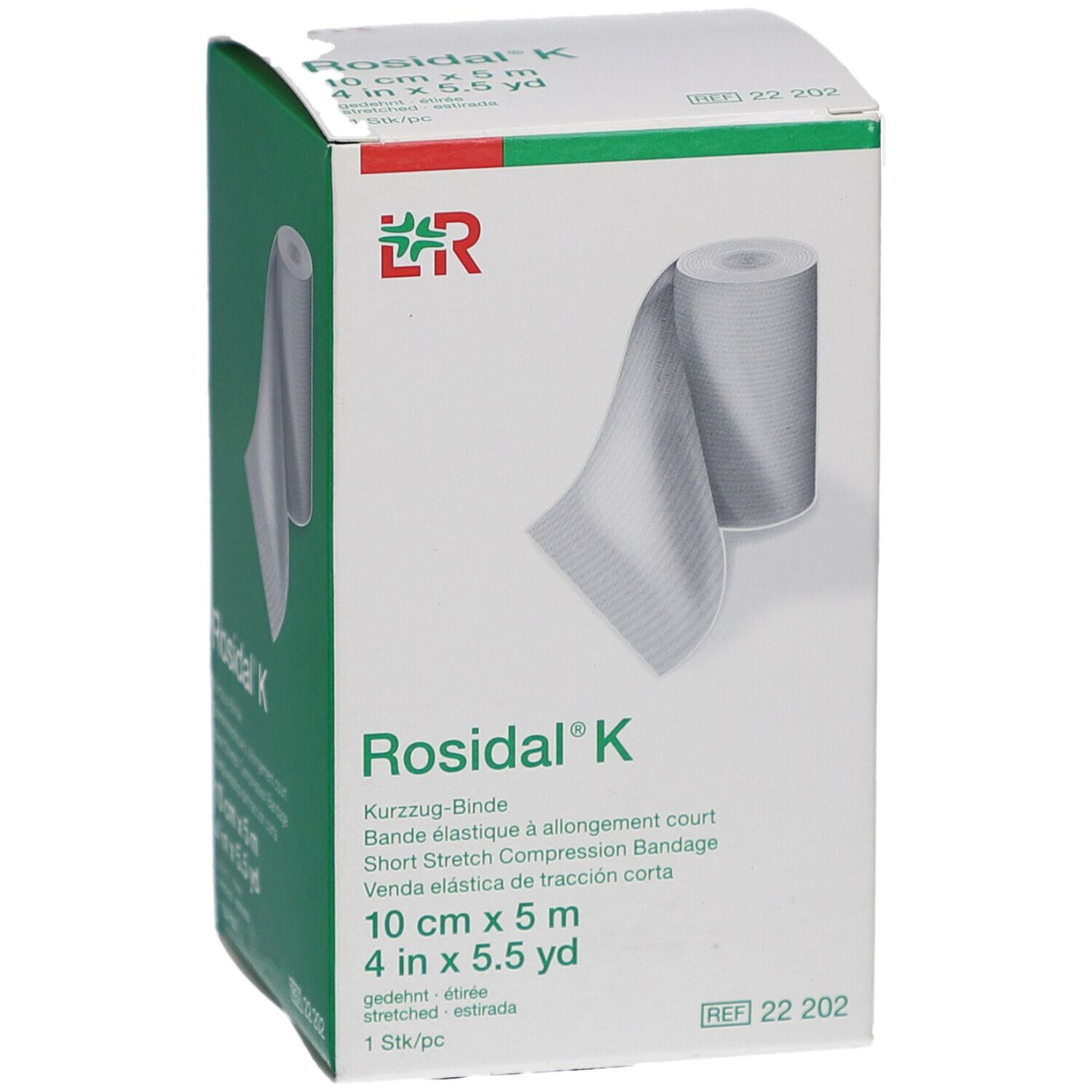 Verpackung mit ROSIDAL K Kurzzug-Binde. 10 cm x 5 m. Rolle und Bandage abgebildet. Weiß-grüne Verpackung.