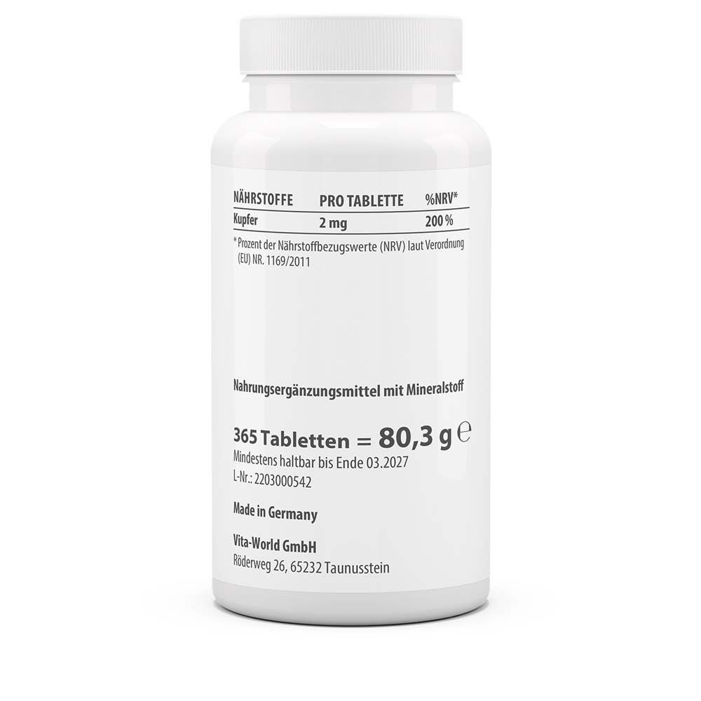 Rückseite der weißen Flasche. Angaben zu Nährstoffen, 365 Tabletten, 80,3 g. Hergestellt in Deutschland.