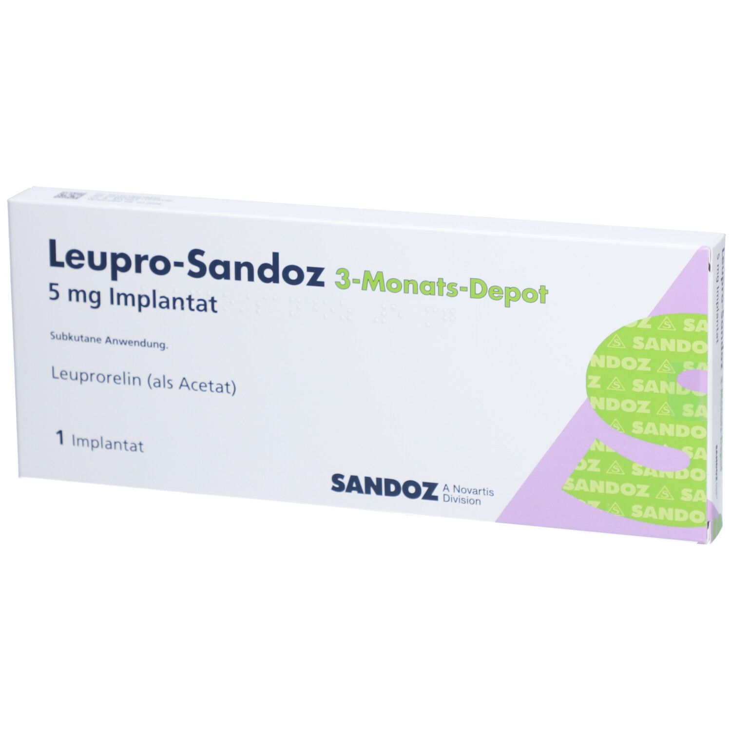 Schachtel mit Aufschrift: Leupro-Sandoz 3-Monats-Depot, 5 mg Implantat, 1 Implantat. Sandoz-Logo.