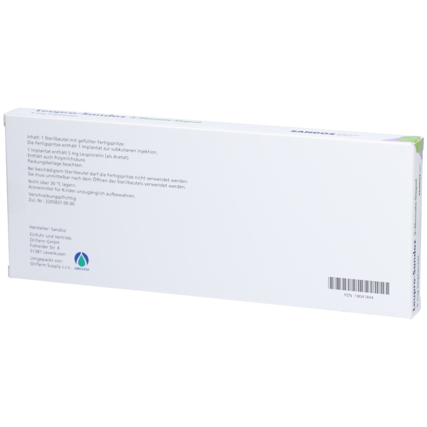 Rückseite der Schachtel mit Text. Herstellerinformationen, Barcode. Weiß, grüne und lilafarbene Akzente.