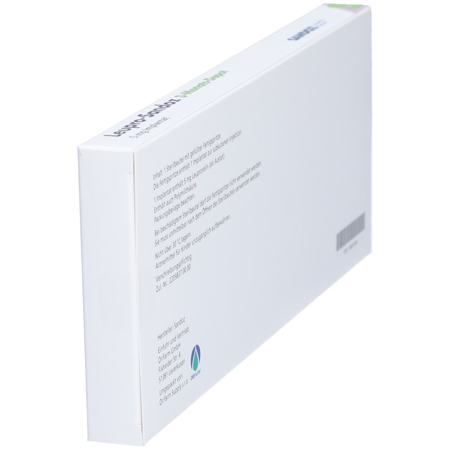 Schachtel, Rückseite, mit Text. Herstellerinformationen, Barcode. Weiß, grüne und lilafarbene Akzente. Schräge Ansicht.