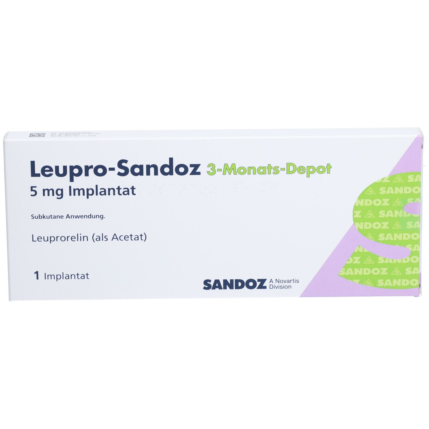 Schachtel mit Aufschrift: Leupro-Sandoz 3-Monats-Depot, 5 mg Implantat, 1 Implantat. Sandoz-Logo.