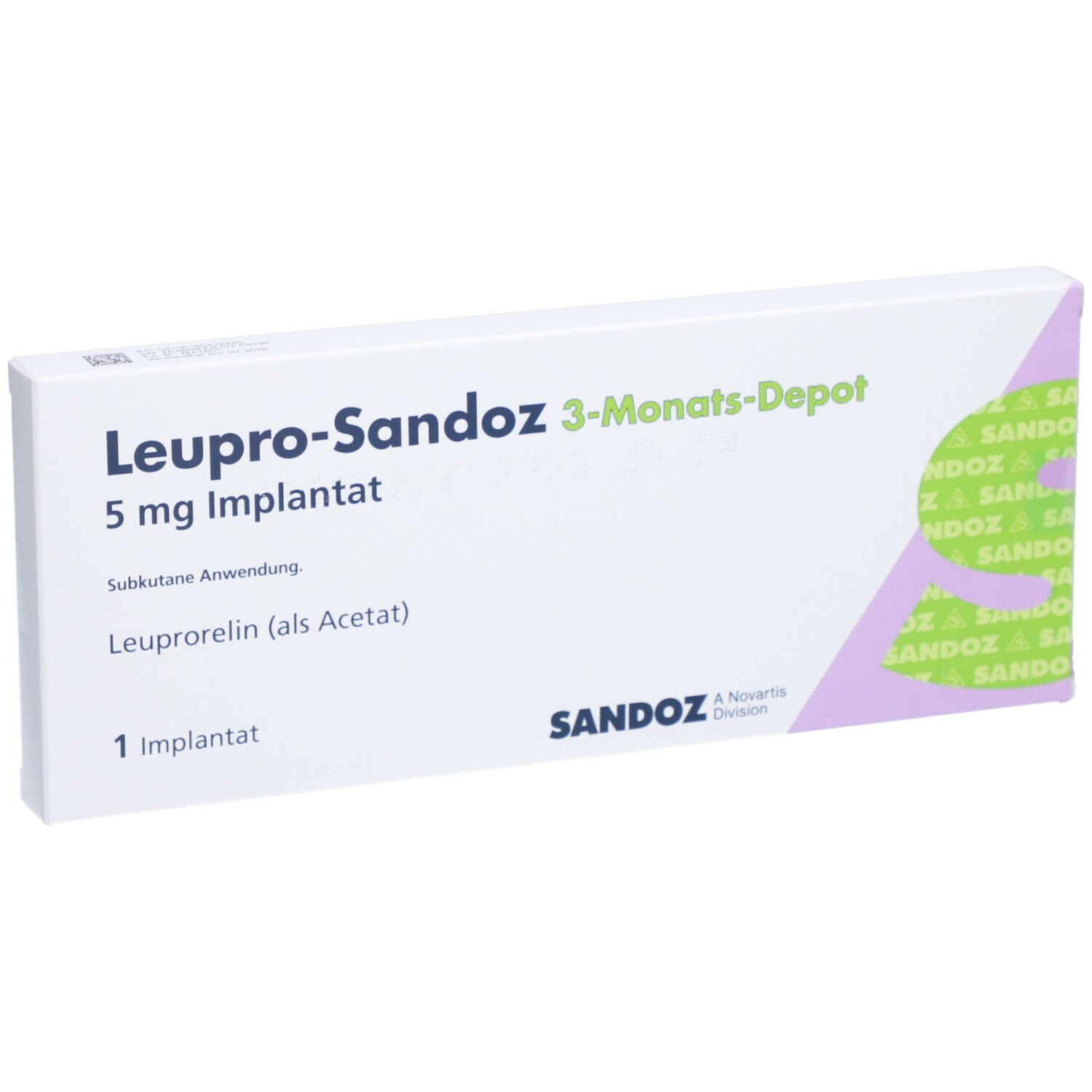 Schachtel mit Aufschrift: Leupro-Sandoz 3-Monats-Depot, 5 mg Implantat, 1 Implantat. Sandoz-Logo.