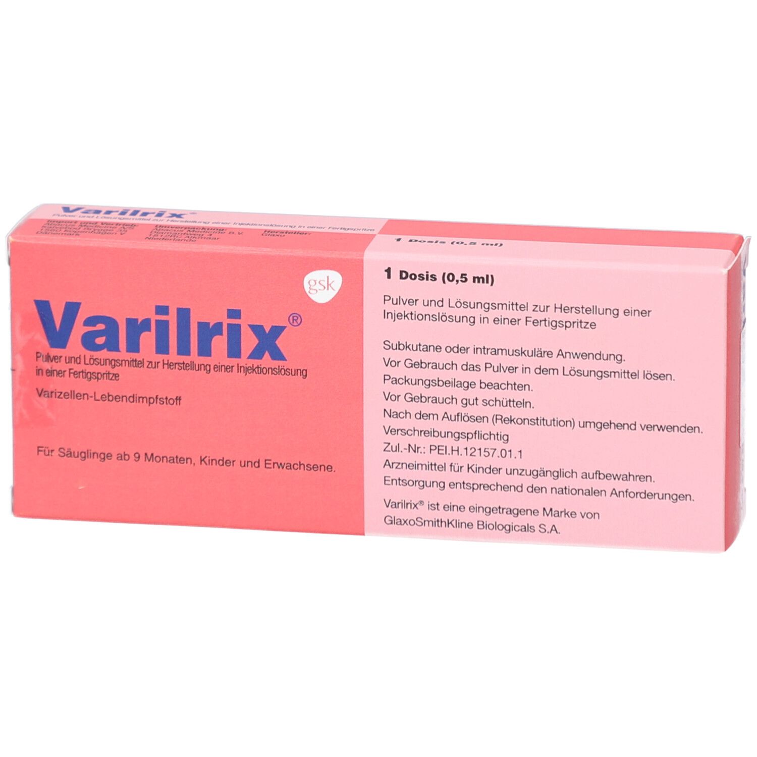 Rosa Faltschachtel mit Aufschrift Varilrix. Enthält Pulver und Lösungsmittel zur Herstellung einer Injektionslösung.