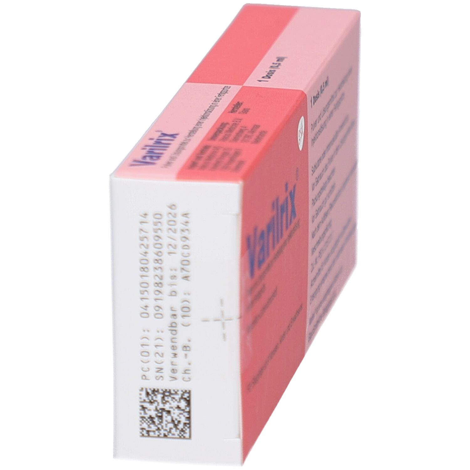 Schachtel Varilrix, Seitenansicht. Zeigt Chargennummer und Verfallsdatum. Rosa und weiß.