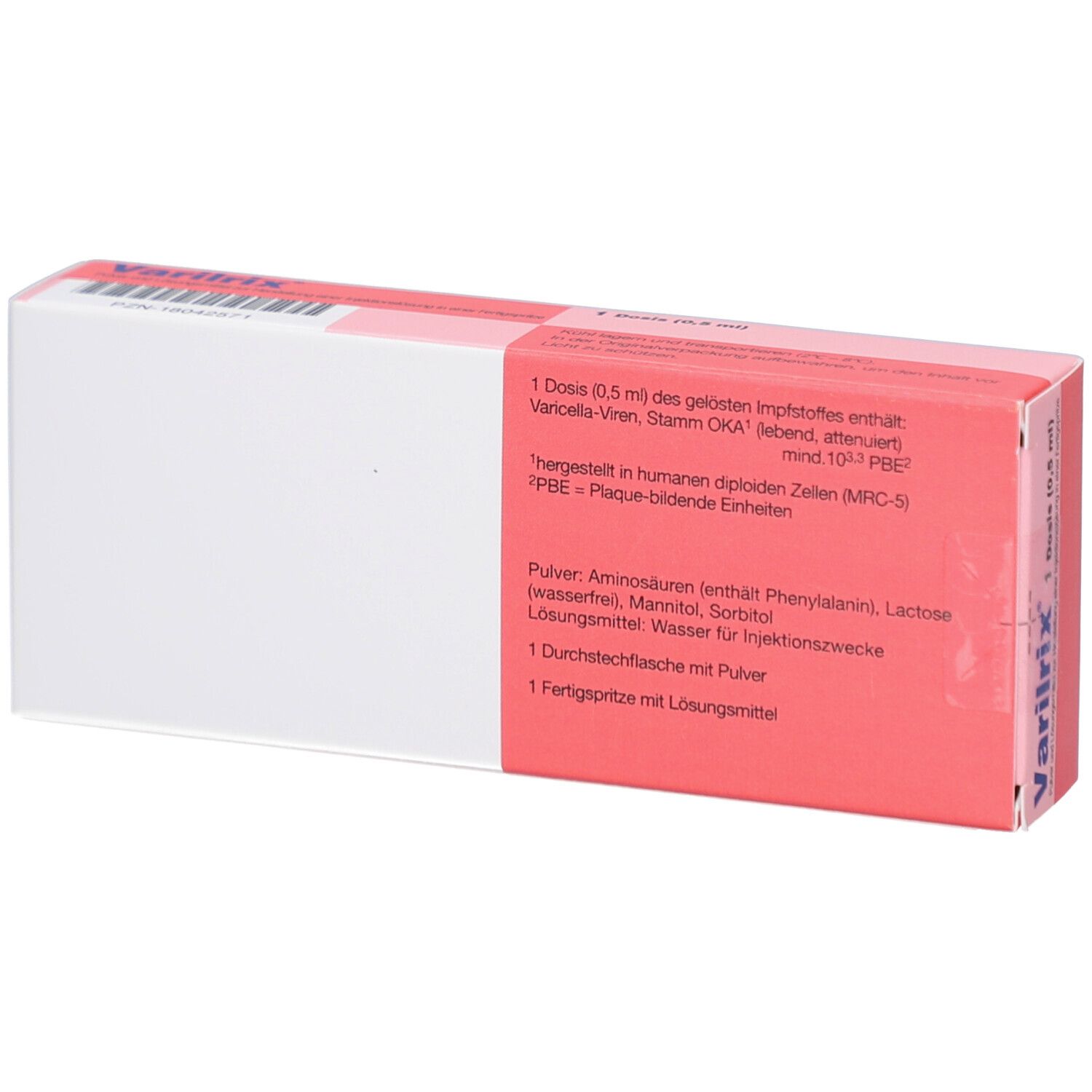 Rückseite der Varilrix-Schachtel. Enthält Informationen über die Inhaltsstoffe und die Anwendung.