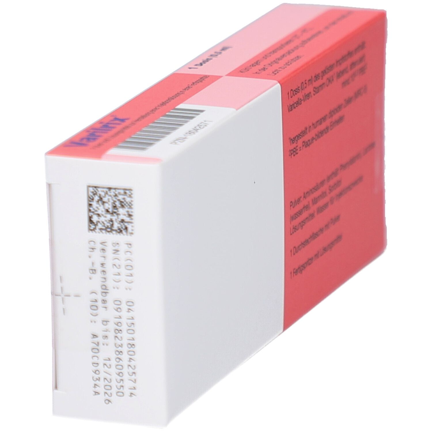 Schachtel Varilrix, Seitenansicht. Zeigt Chargennummer und Verfallsdatum. Rosa und weiß.