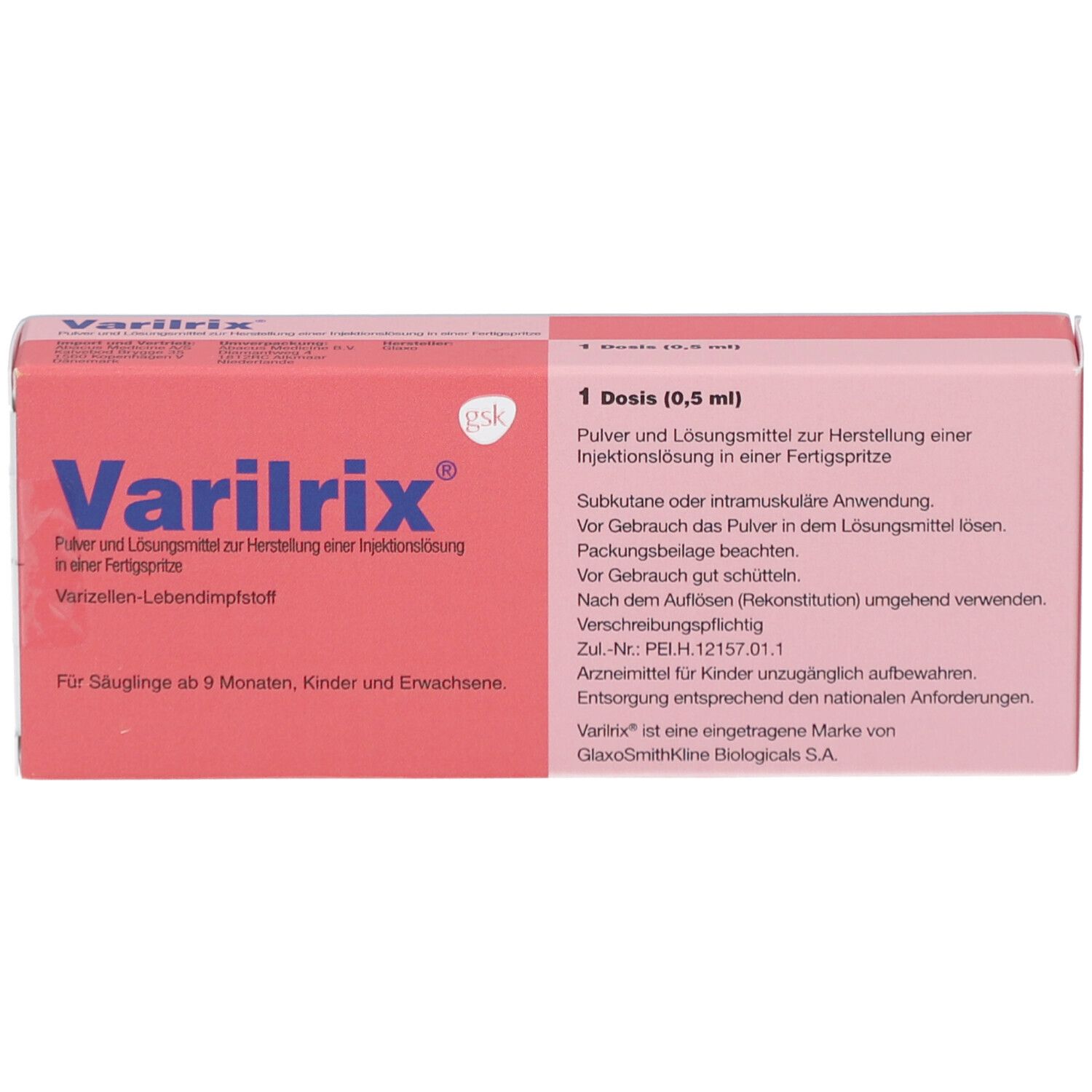 Rosa Faltschachtel mit Aufschrift Varilrix. Enthält Pulver und Lösungsmittel zur Herstellung einer Injektionslösung.