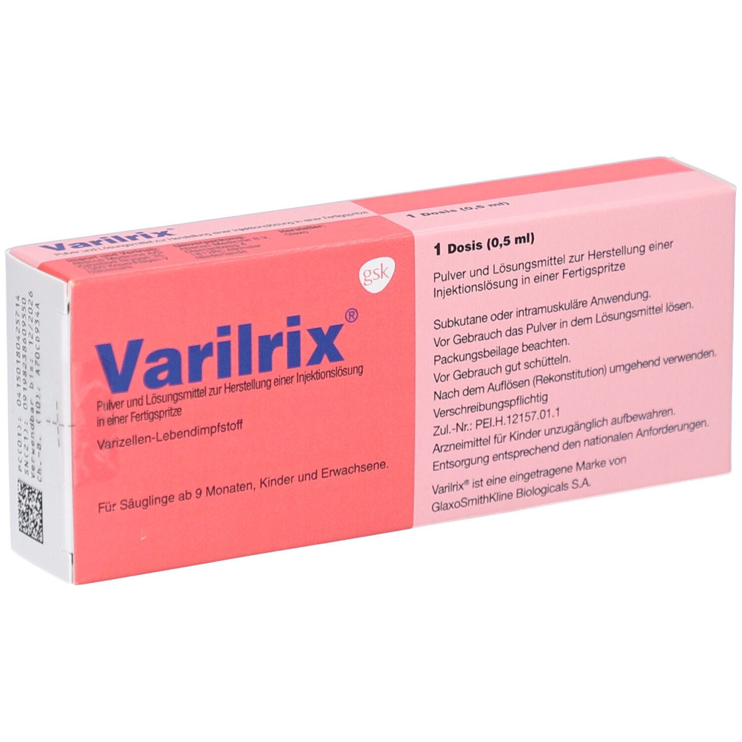Rosa Faltschachtel mit Aufschrift Varilrix. Enthält Pulver und Lösungsmittel zur Herstellung einer Injektionslösung.