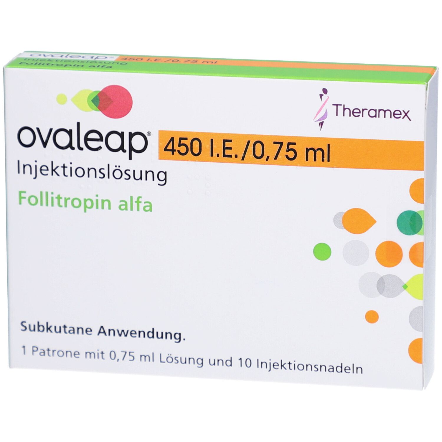 Ovaleap-Packung. Enthält 450 I.E./0,75 ml Injektionslösung Follitropin alfa. Hersteller: Theramex. Weiße Schachtel mit grünen und orangen Akzenten.