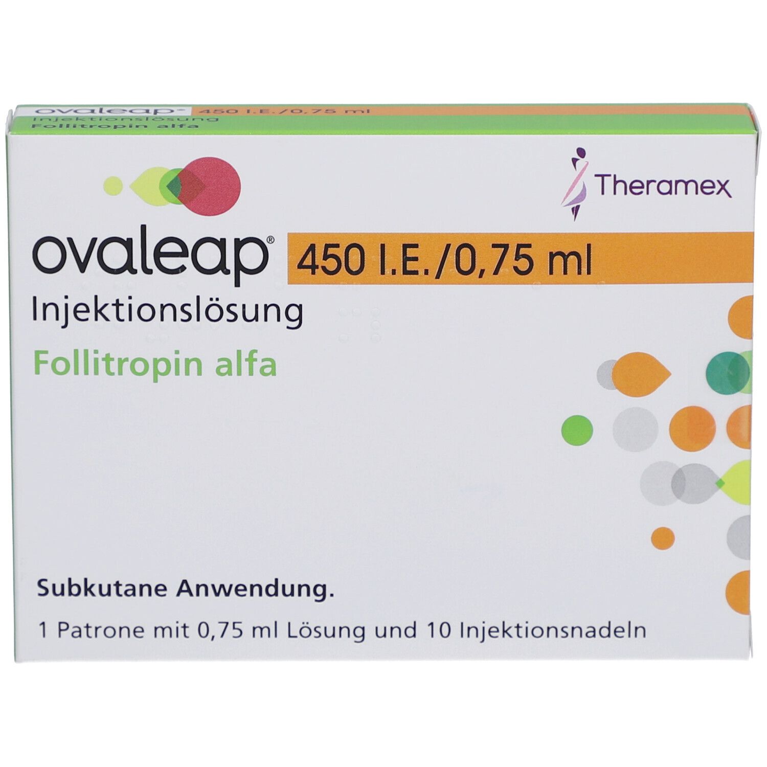 Ovaleap-Packung. Enthält 450 I.E./0,75 ml Injektionslösung Follitropin alfa. Hersteller: Theramex. Weiße Schachtel mit grünen und orangen Akzenten.