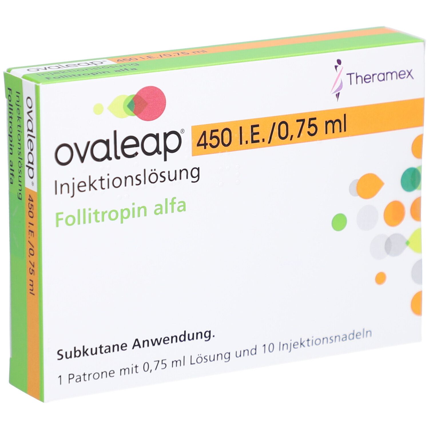 Ovaleap-Packung. Enthält 450 I.E./0,75 ml Injektionslösung Follitropin alfa. Hersteller: Theramex. Weiße Schachtel mit grünen und orangen Akzenten.