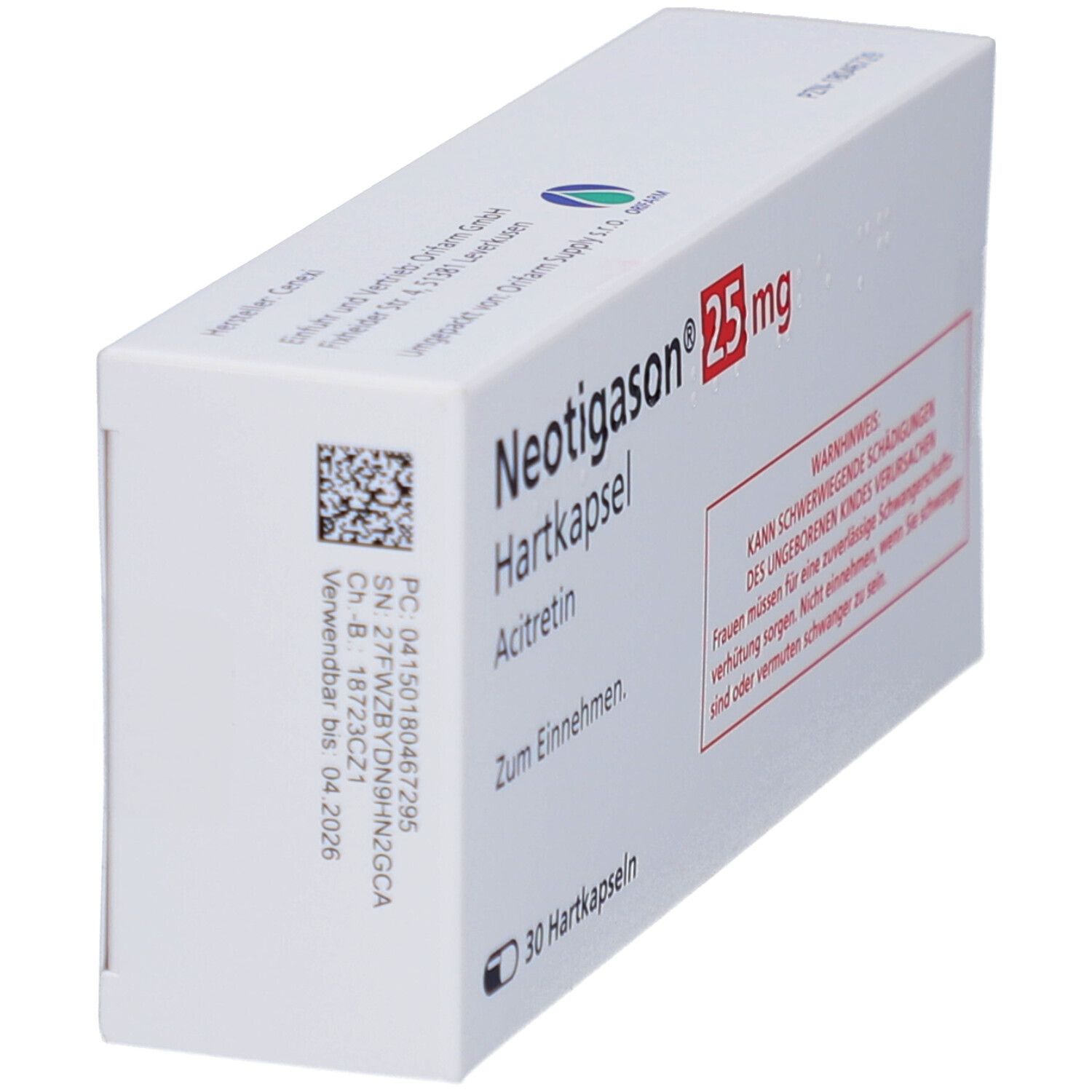 Schachtel NEOTIGASON 25 mg Hartkapseln. Seitenansicht mit Barcode und Text. Warnhinweis in Rot.